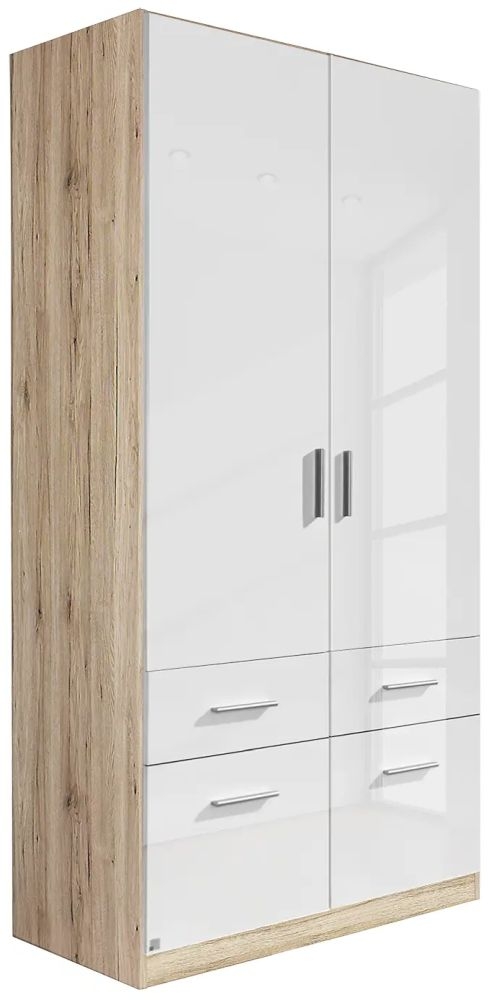 Rauch Celle 91cm Sonoma Oak and White Gloss 2 Door Wardrobe with Drawers