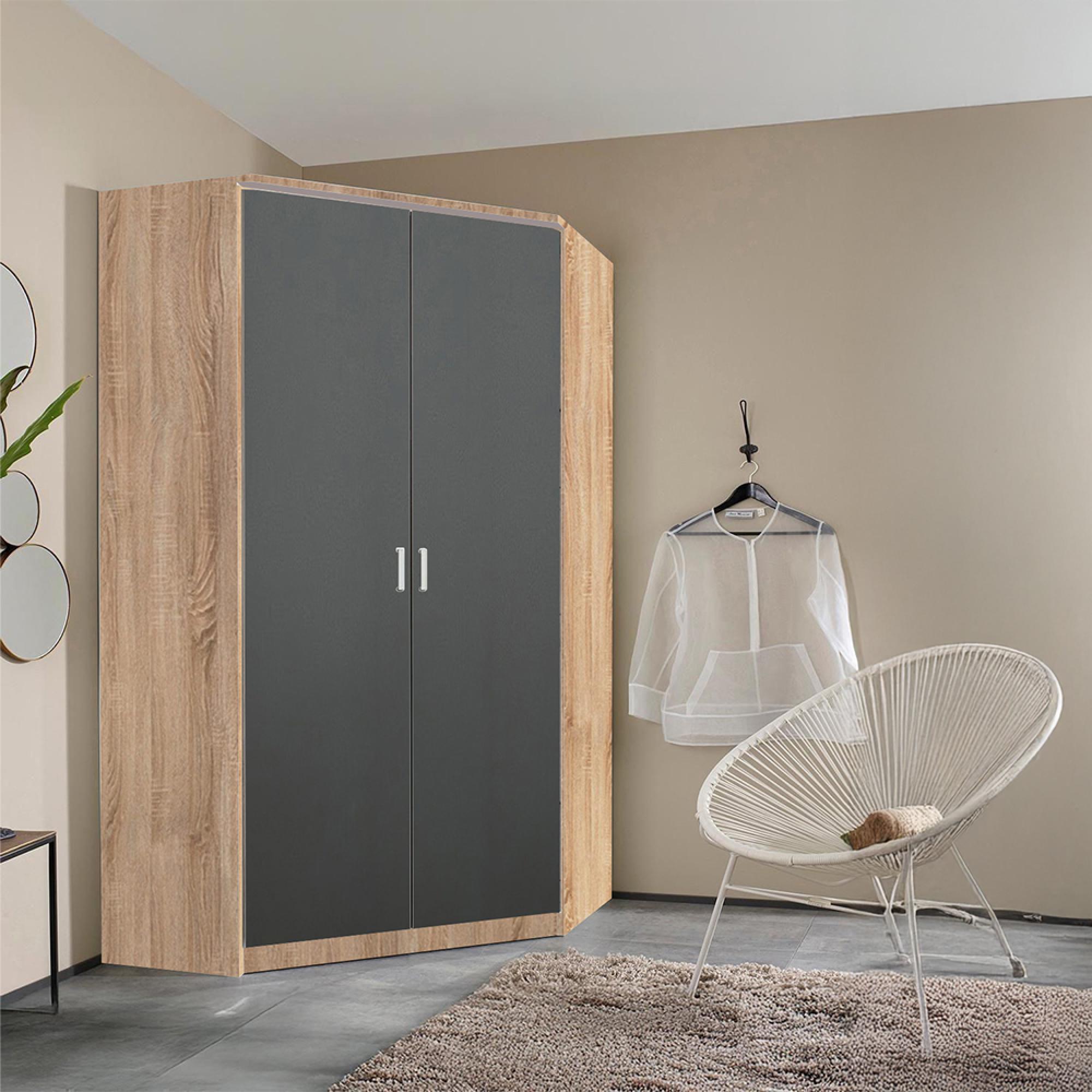 Rauch Celle Matt 117cm 2 Door Corner Wardrobe - Sonoma Oak and Metallic Dark Grey