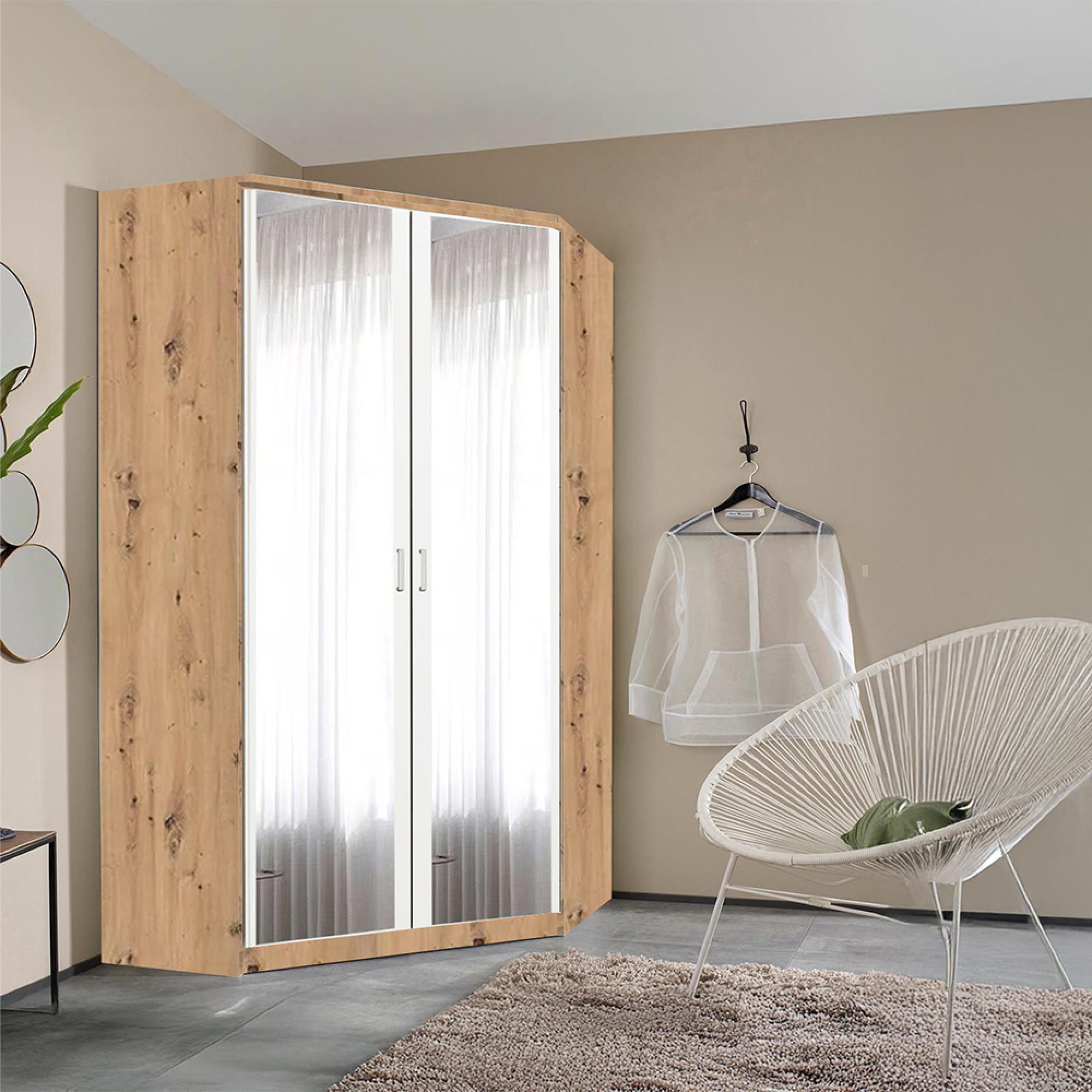 Rauch Celle Matt 117cm 2 Door Corner Wardrobe with Mirror - Artisan Oak and Alpine White