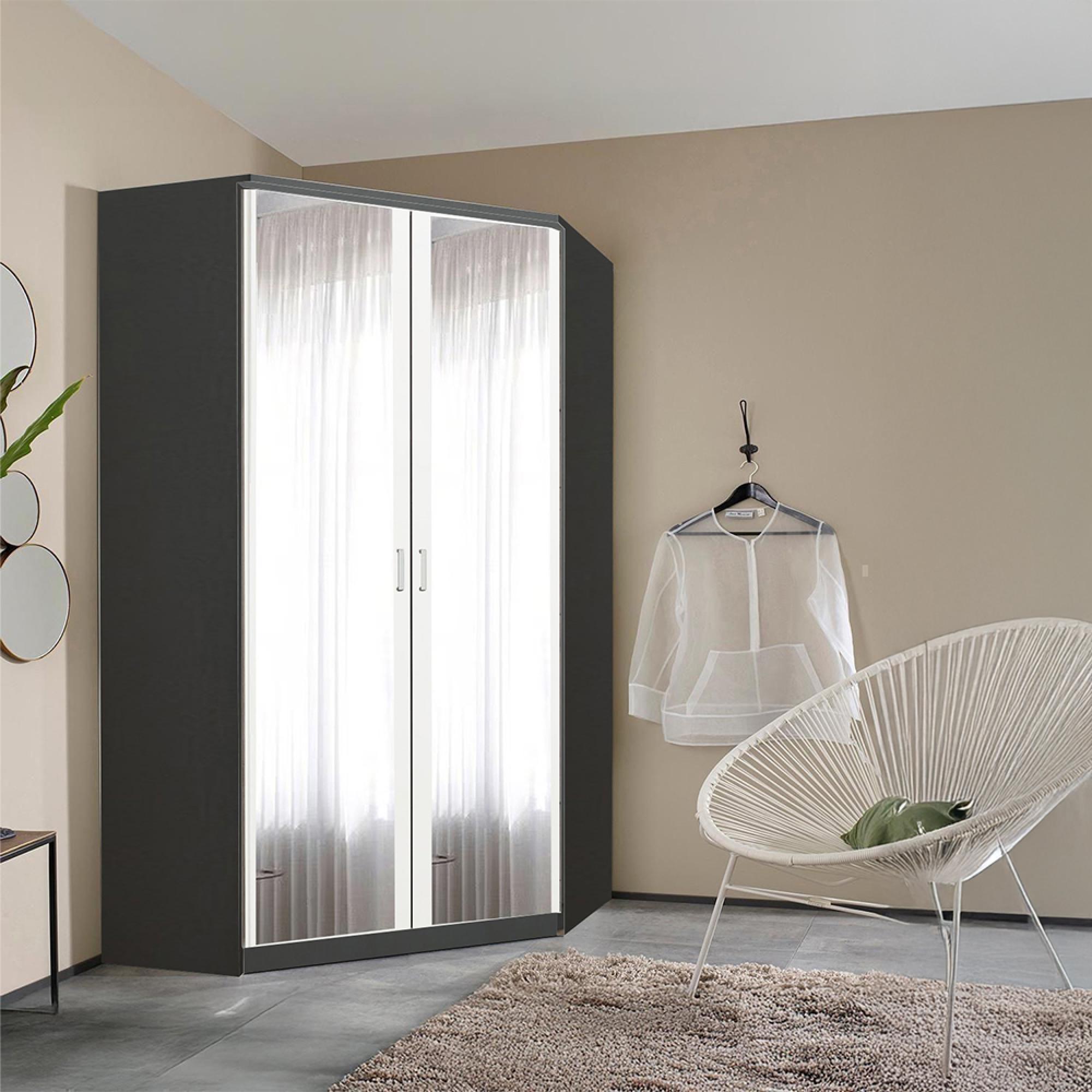 Rauch Celle Matt 117cm 2 Door Corner Wardrobe with Mirror - Metallic Dark Grey and Alpine White