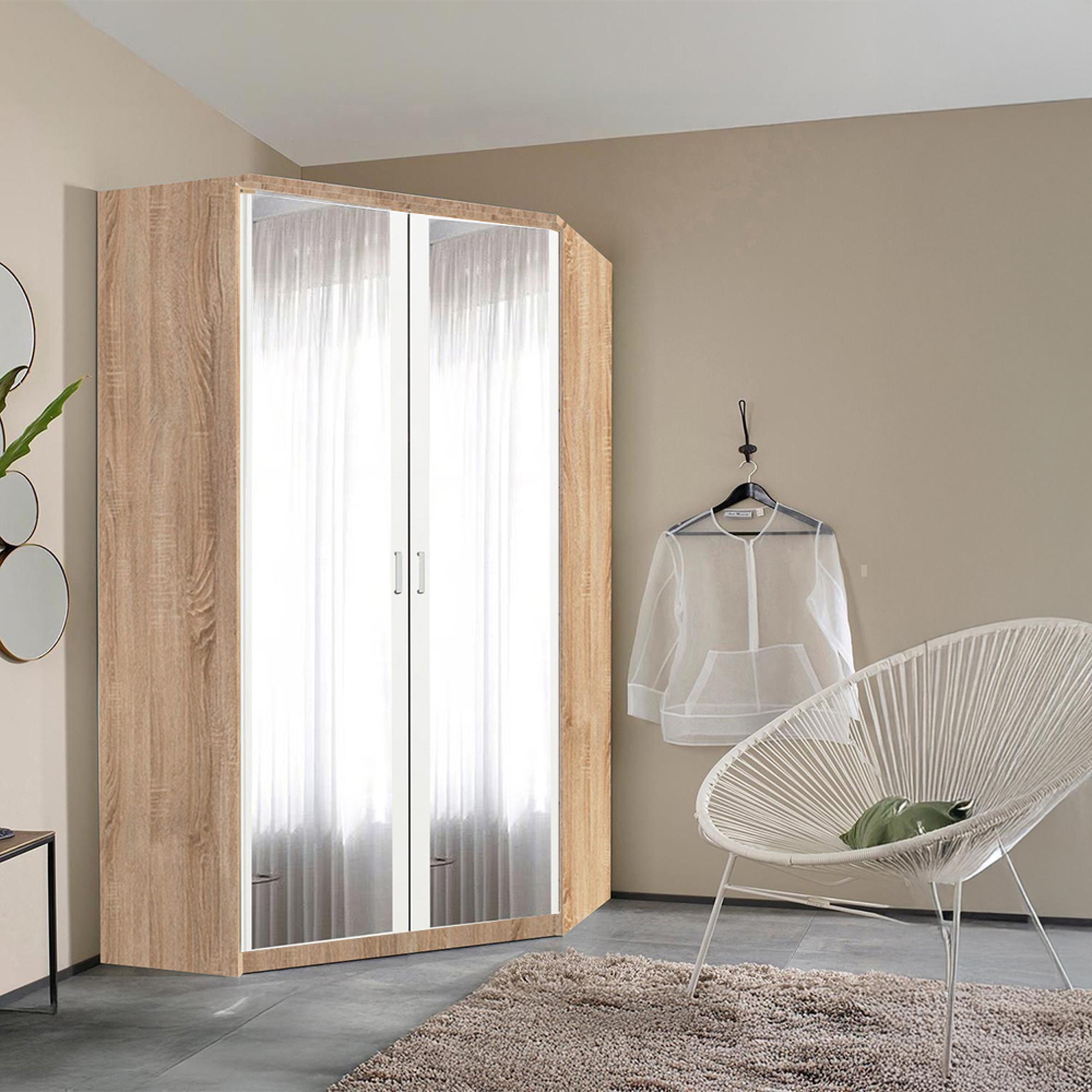 Rauch Celle Matt 117cm 2 Door Corner Wardrobe with Mirror - Sonoma Oak and Alpine White