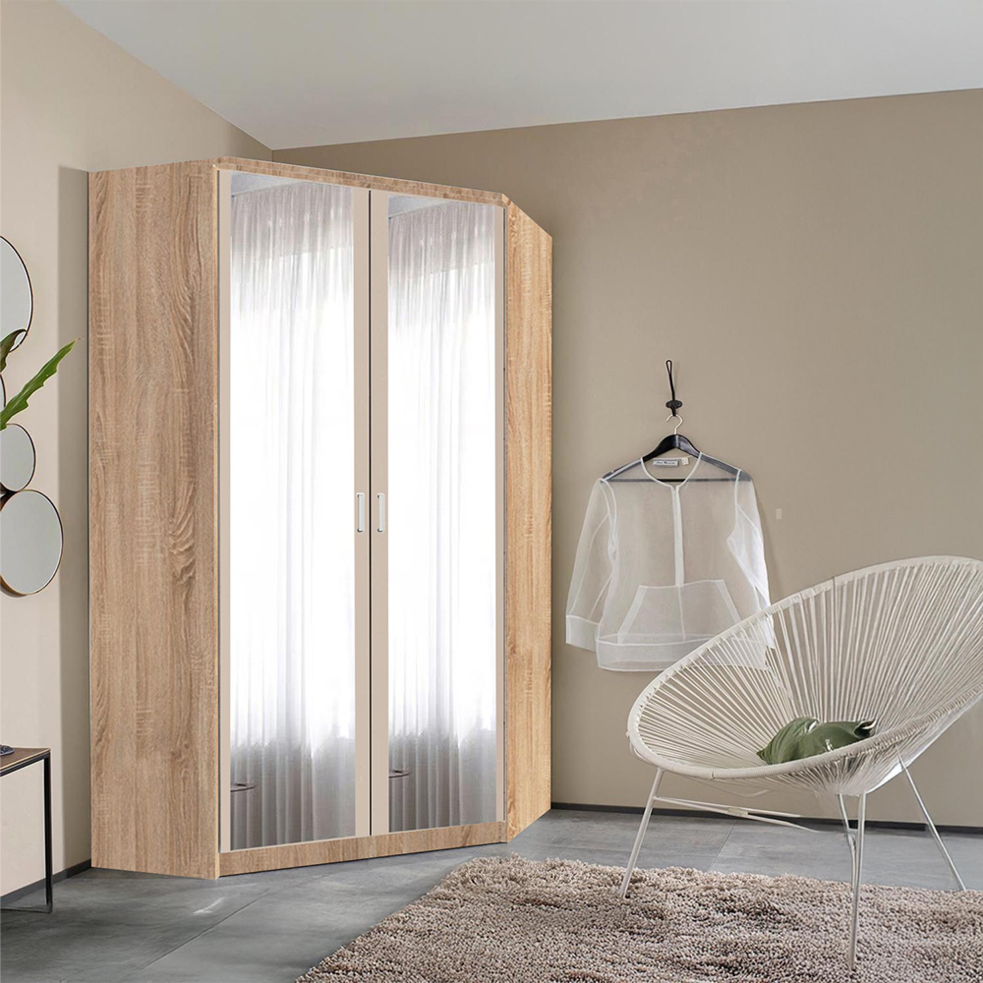 Rauch Celle Matt 117cm 2 Door Corner Wardrobe with Mirror - Sonoma Oak and Champagne