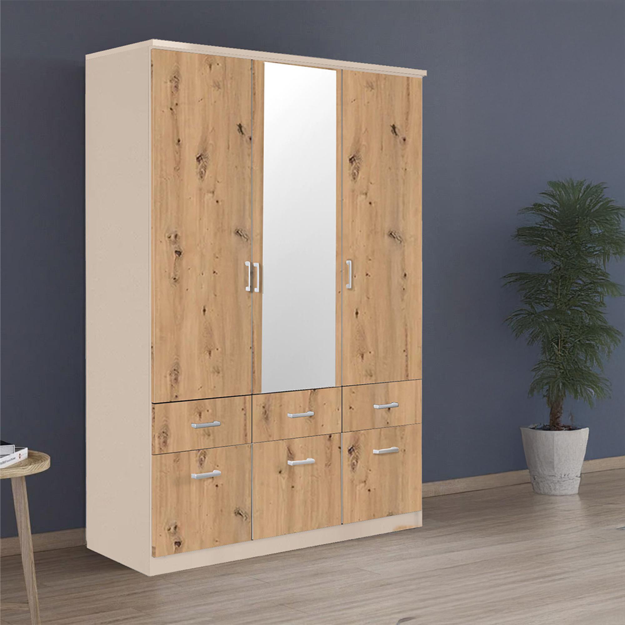 Celle Wardrobe - 136cm - 3 Door - Combi - Champagne & Artisan Oak