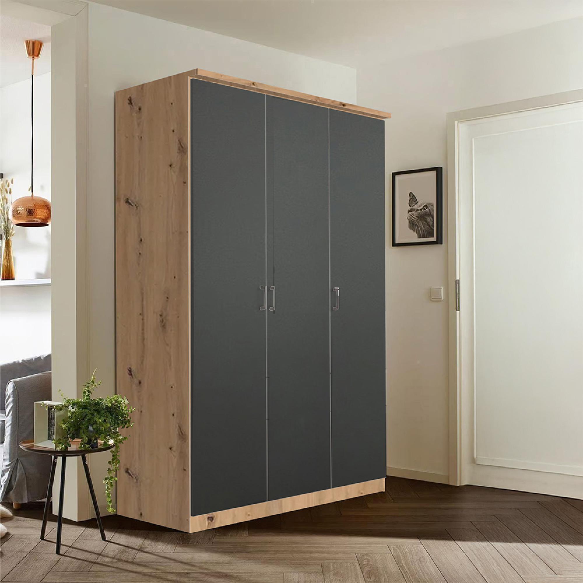 Celle Wardrobe - 136cm - 3 Door - Artisan Oak & Metallic Dark Grey