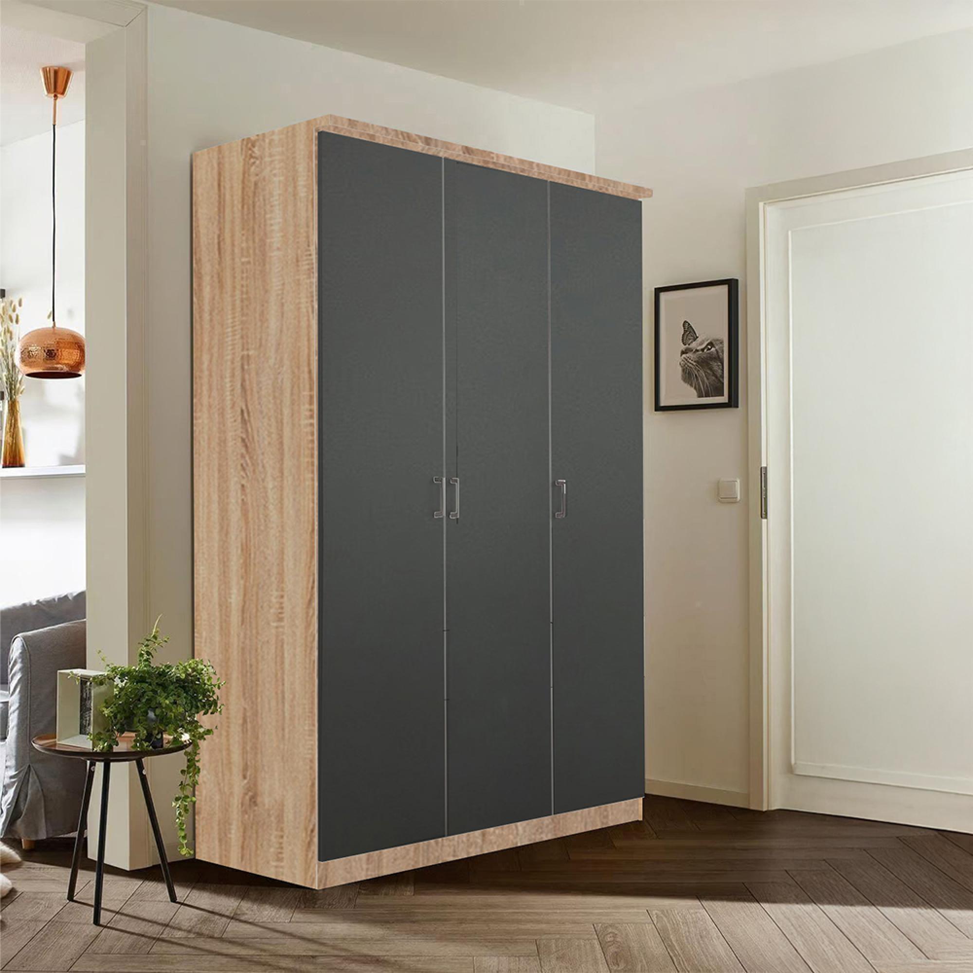 Celle Wardrobe - 136cm - 3 Door - Sonoma Oak & Metallic Dark Grey