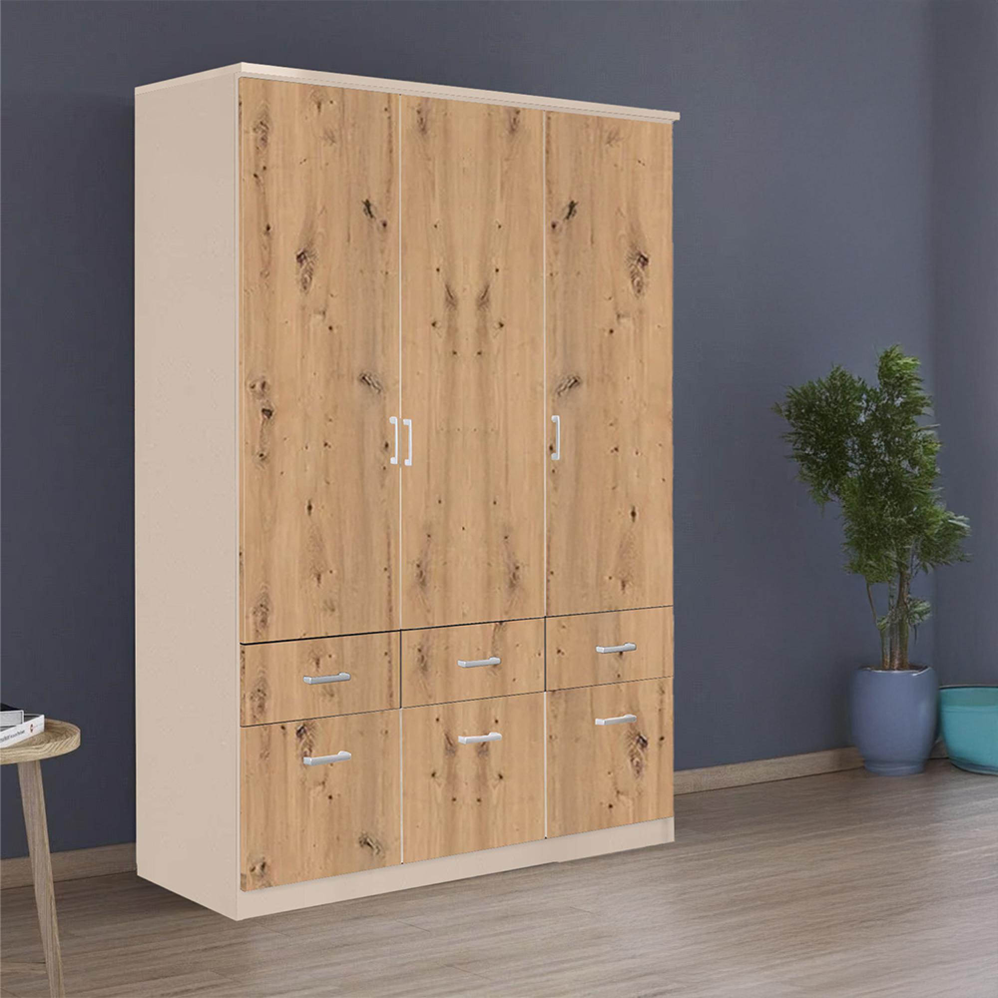 Celle Wardrobe - 136cm - 3 Door - 6 Drawer - Champagne & Artisan Oak