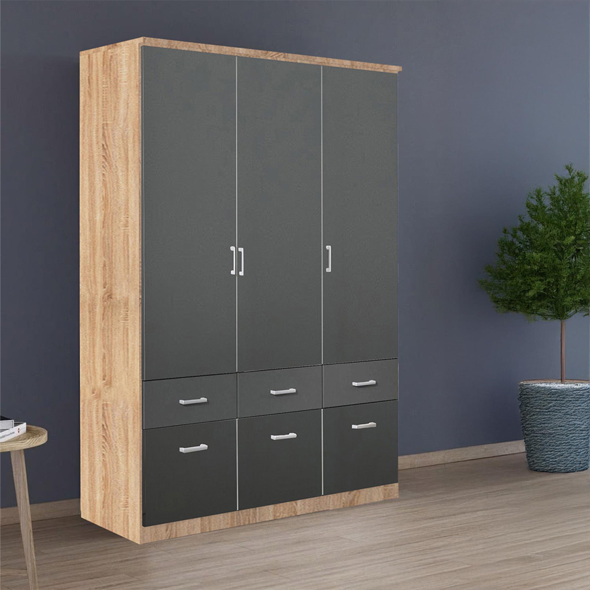 Celle Wardrobe - 136cm - 3 Door - 6 Drawer - Sonoma Oak & Metallic Dark Grey