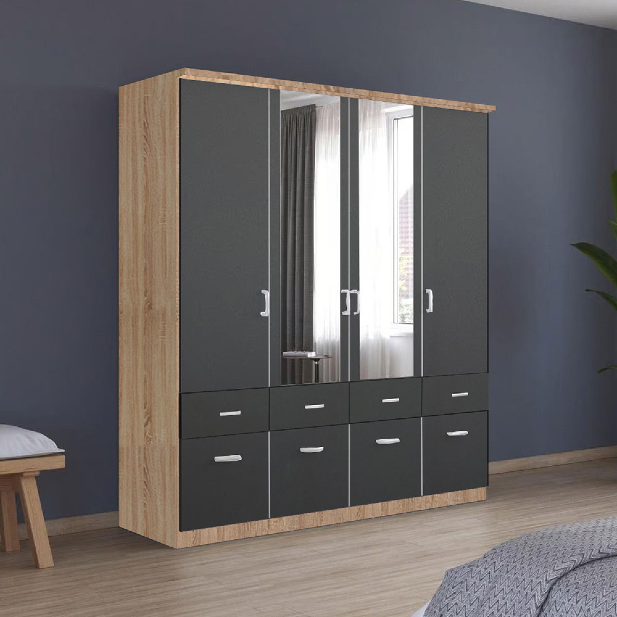 Celle Wardrobe - 181cm - 4 Door - Combi - Sonoma Oak & Metallic Dark Grey