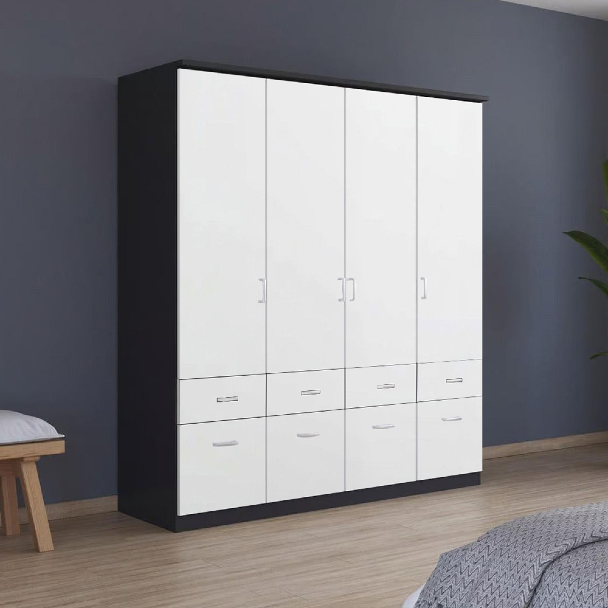 Celle Wardrobe - 181cm - 4 Door - with Drawer - Metallic Dark Grey & Alpine White