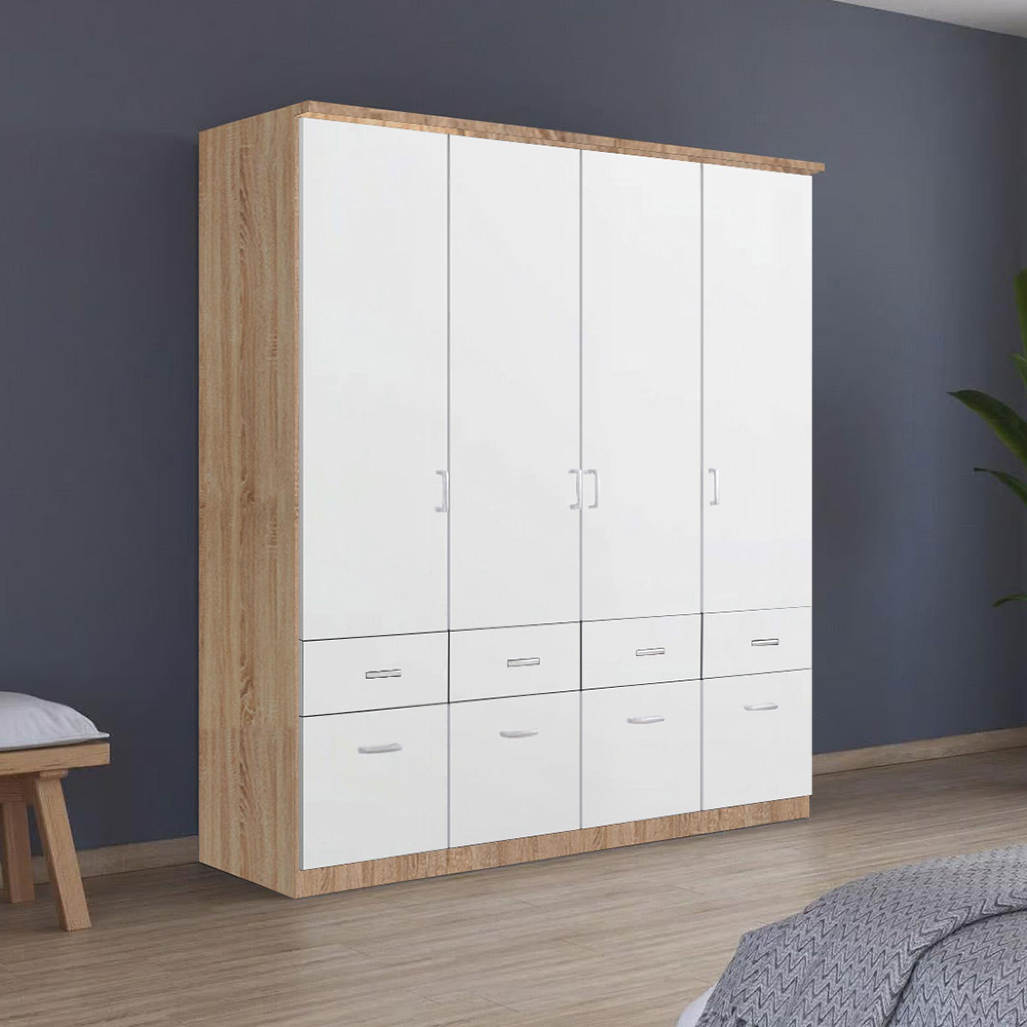 Celle Wardrobe - 181cm - 4 Door - with Drawer - Sonoma Oak & Alpine White