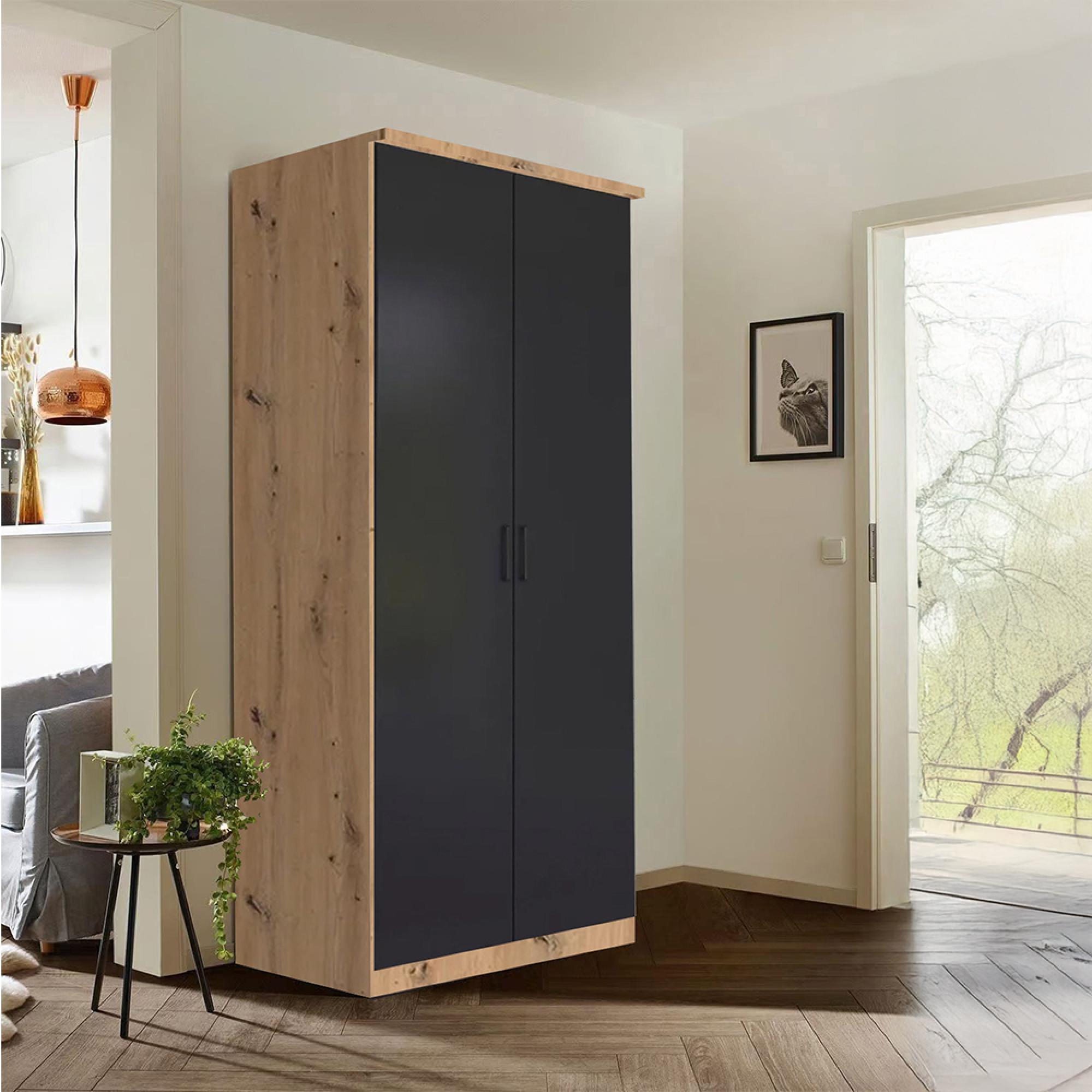 Celle Wardrobe - 91cm - 2 Door - Artisan Oak & Metallic Dark Grey