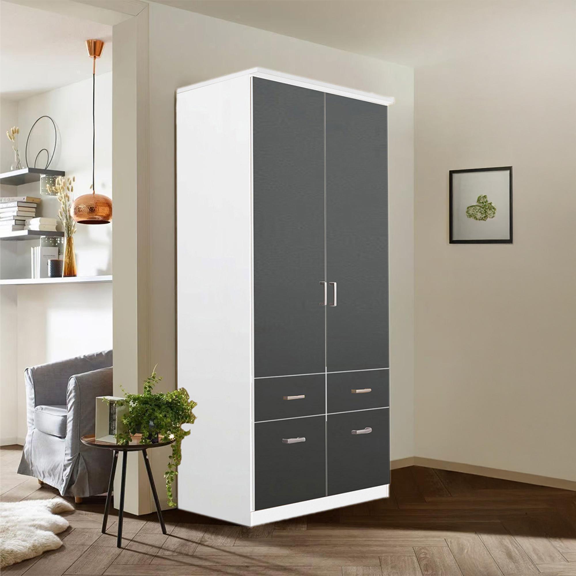 Celle Wardrobe - 91cm - 2 Door - Alpine White & Metallic Dark Grey - 4 Drawer