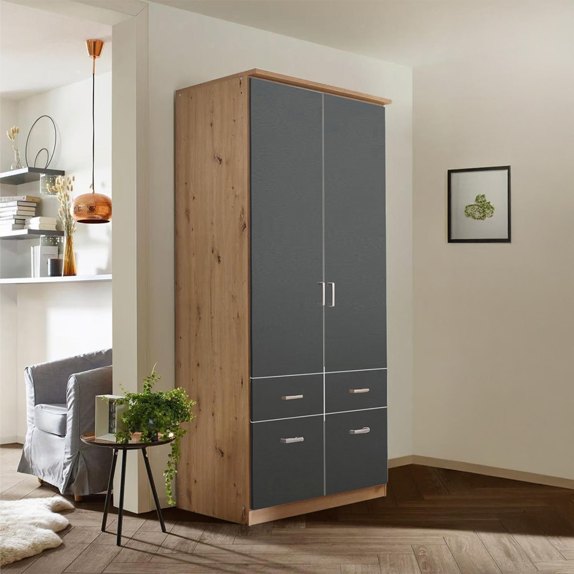 Celle Wardrobe - 91cm - 2 Door - Artisan Oak & Metallic Dark Grey - 4 Drawer & Extras