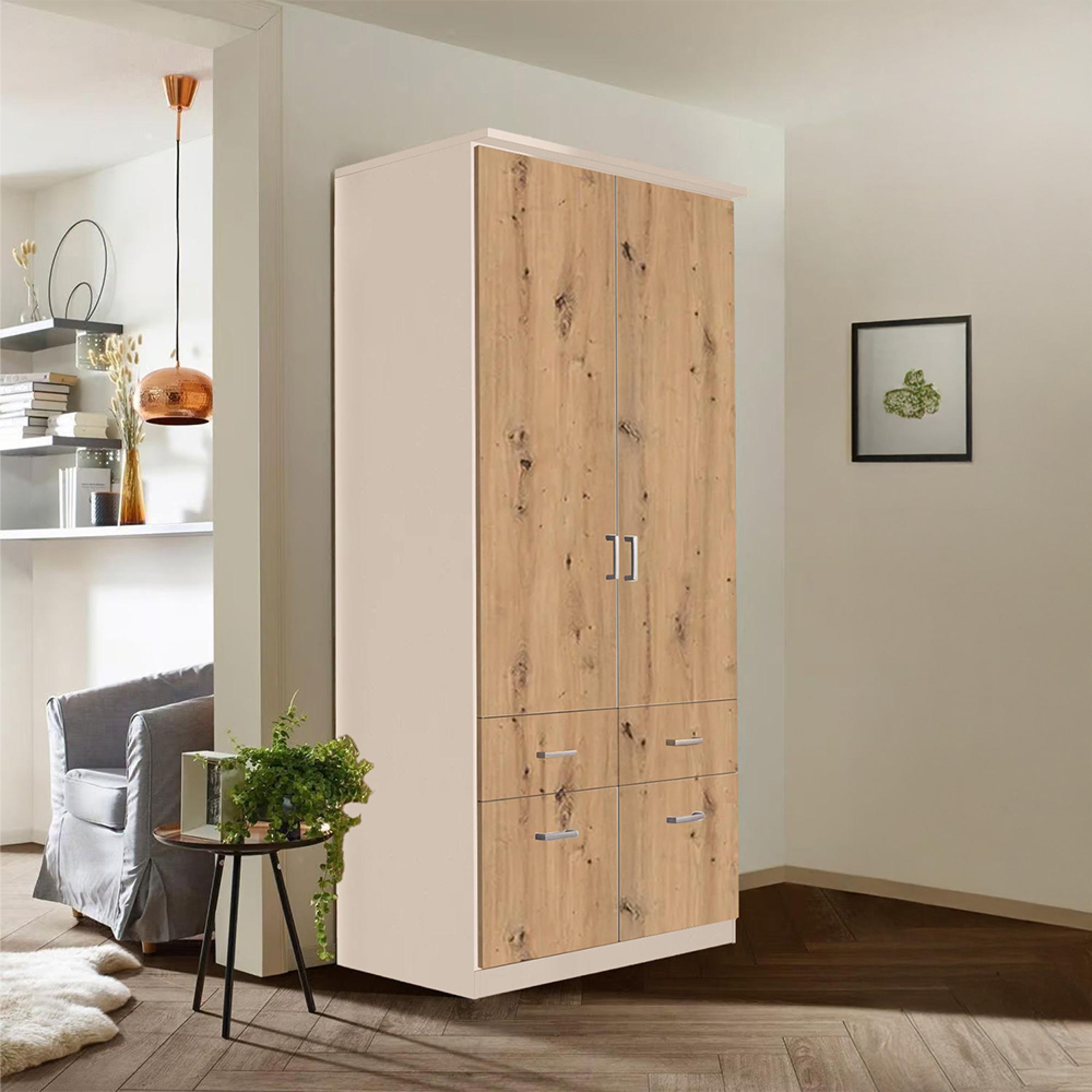 Celle Wardrobe - 91cm - 2 Door - Champagne & Artisan Oak - 4 Drawer & Extras