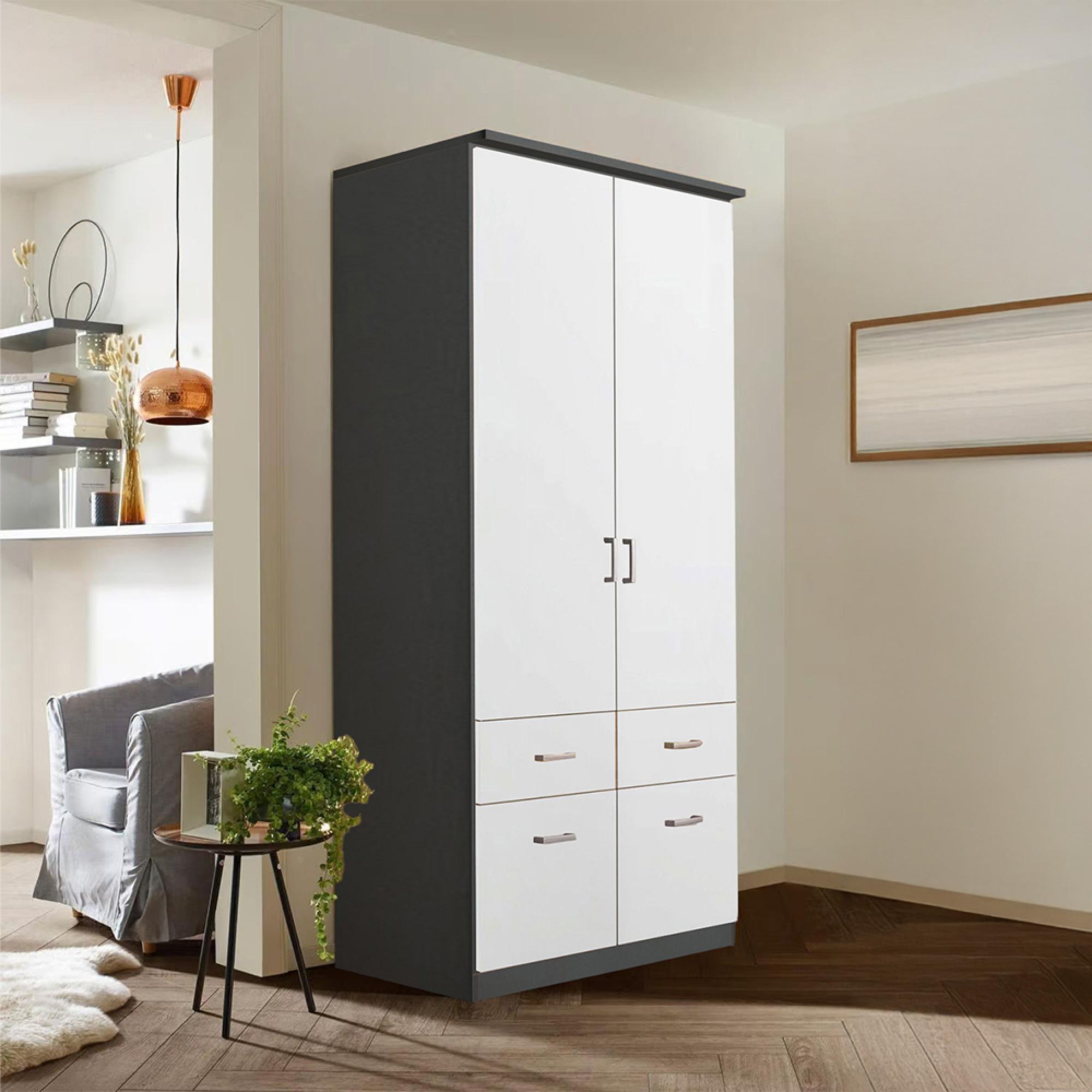 Celle Wardrobe - 91cm - 2 Door - Metallic Dark Grey & Alpine White - 4 Drawer & Extras