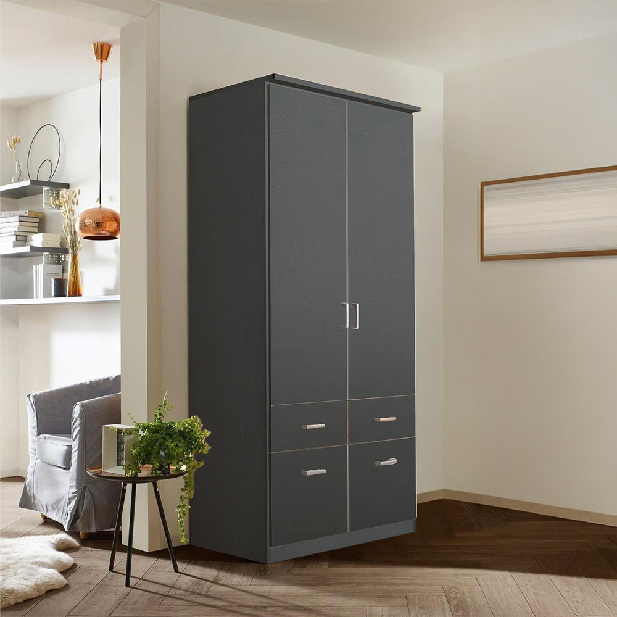 Celle Wardrobe - 91cm - 2 Door - Metallic Dark Grey - 4 Drawer & Extras
