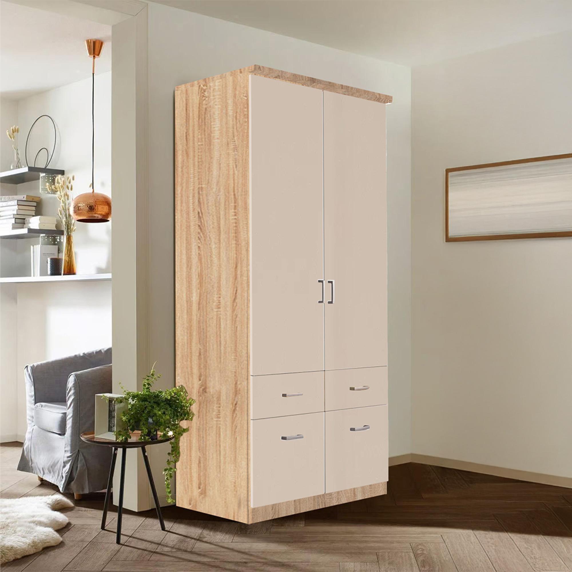 Celle Wardrobe - 91cm - 2 Door - Sonoma Oak & Champagne - 4 Drawer & Extras