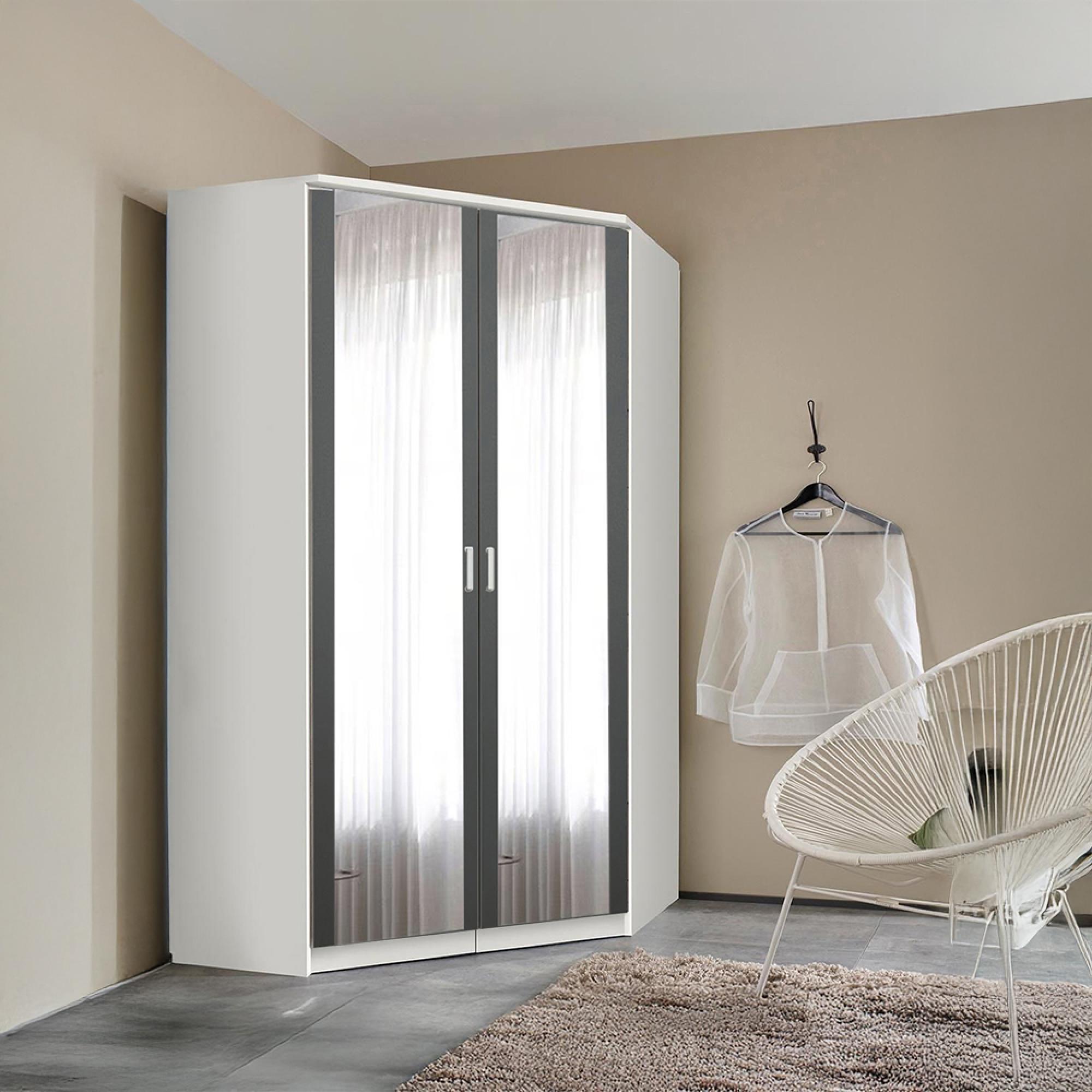 Rauch Celle Super 117cm 2 Door Corner Wardrobe with Mirror - Alpine White and Metallic Dark Grey