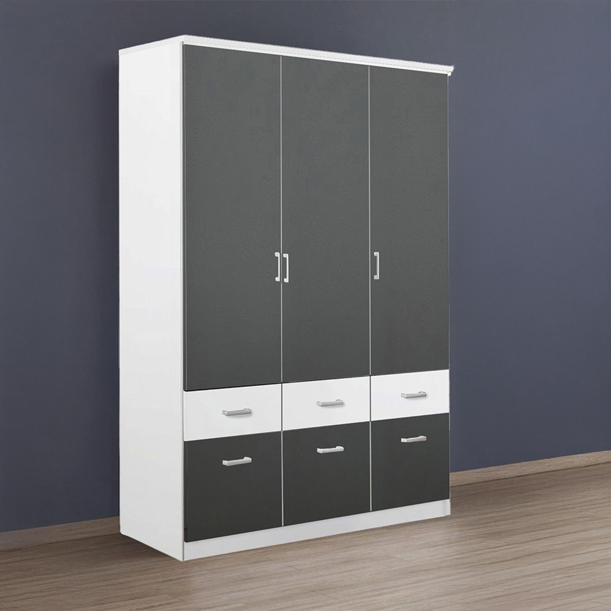 Celle Super Wardrobe - 136cm - 3 Door - 6 Drawer - Alpine White & Metallic Dark Grey