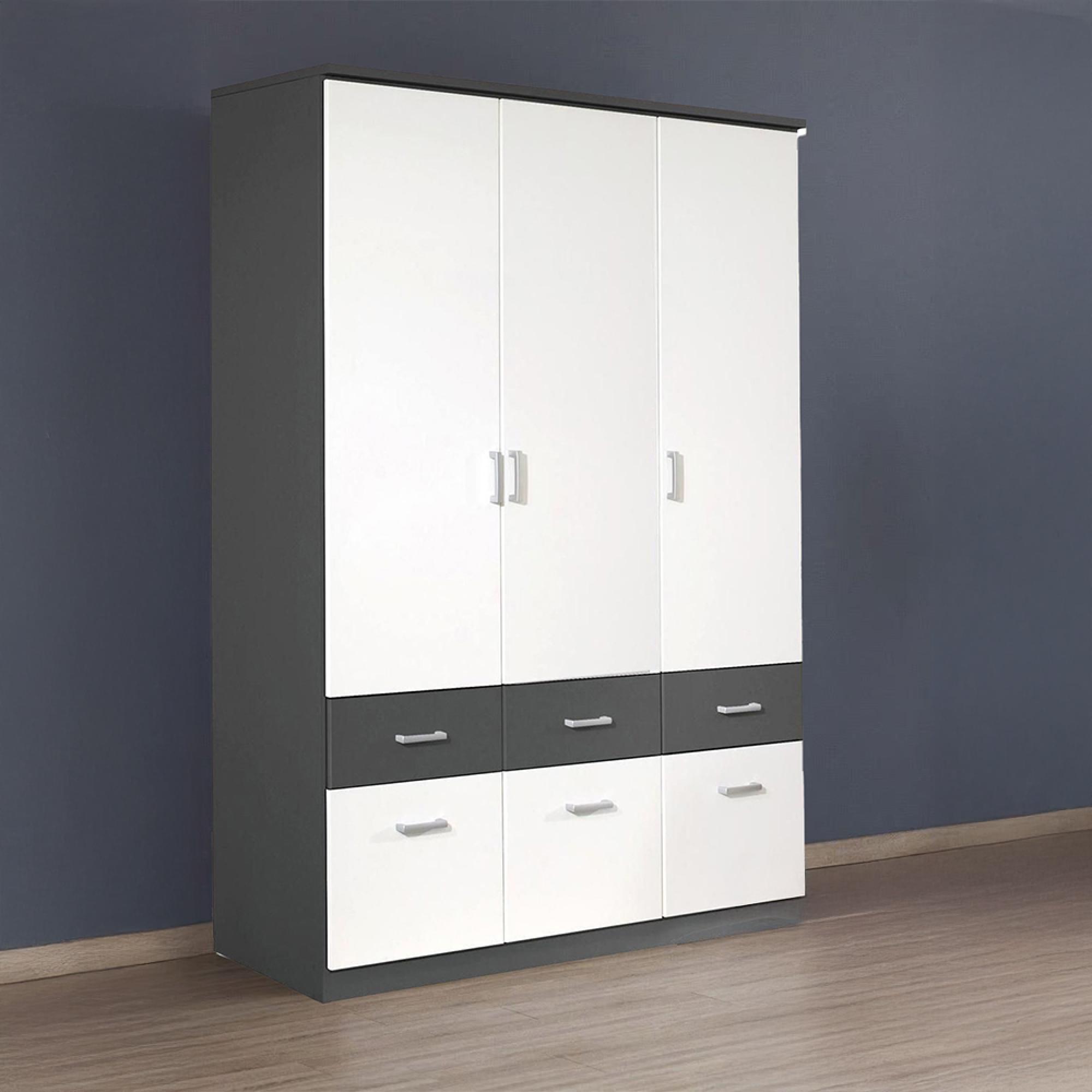 Celle Super Wardrobe - 136cm - 3 Door - 6 Drawer - Metallic Dark Grey & Alpine White