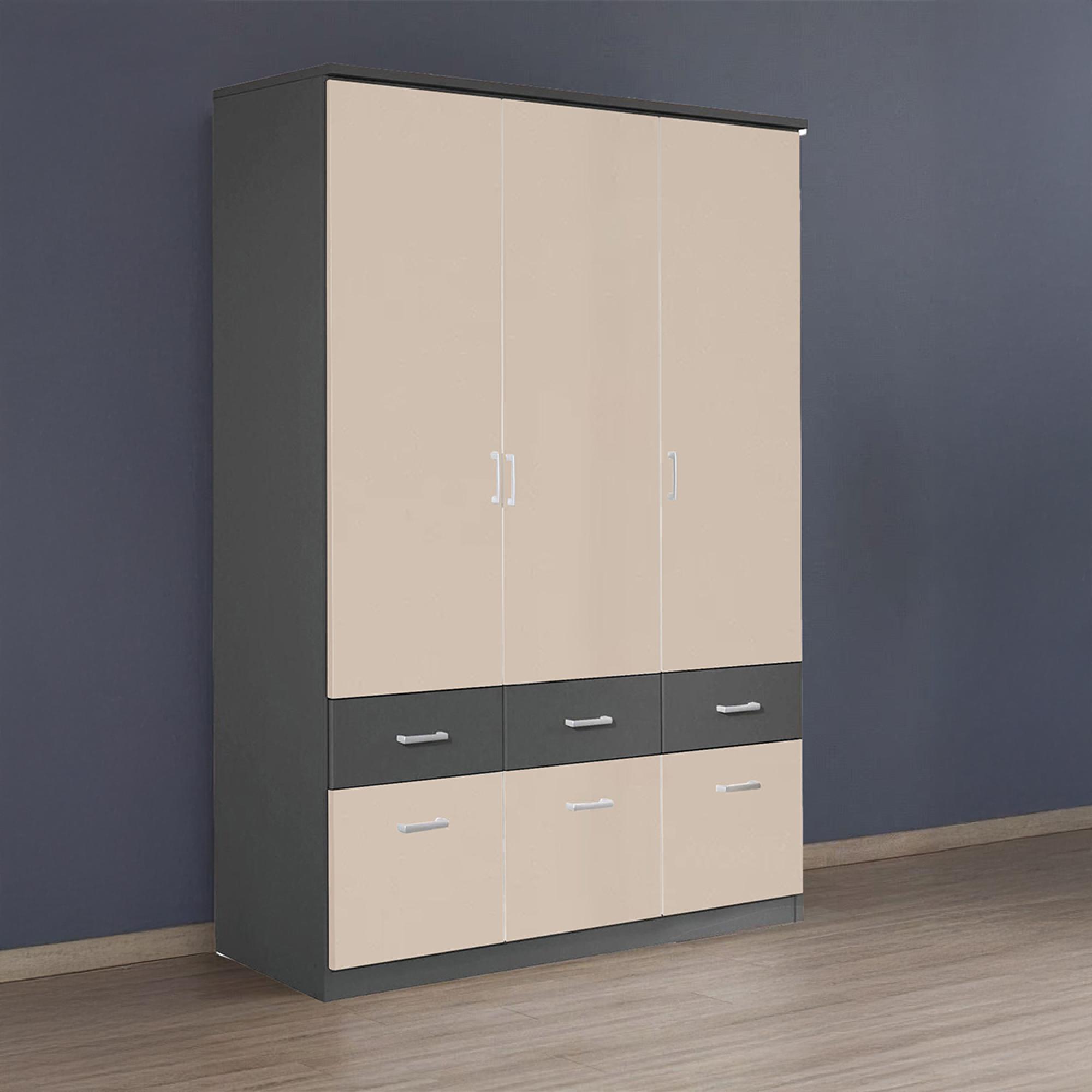 Celle Super Wardrobe - 136cm - 3 Door - 6 Drawer - Metallic Dark Grey & Champagne