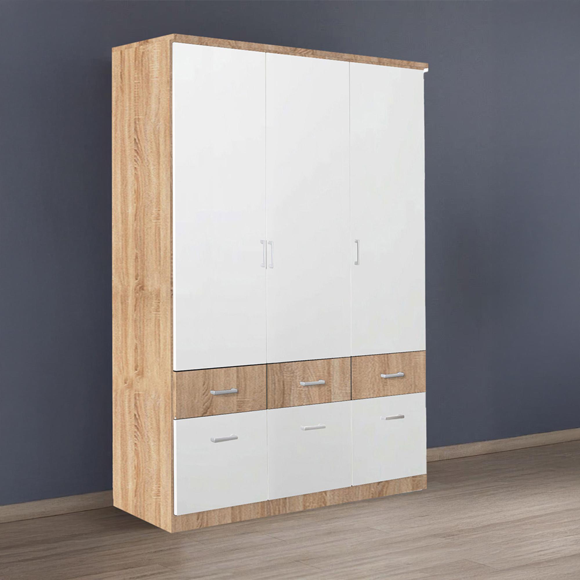 Celle Super Wardrobe - 136cm - 3 Door - 6 Drawer - Sonoma Oak & Alpine White