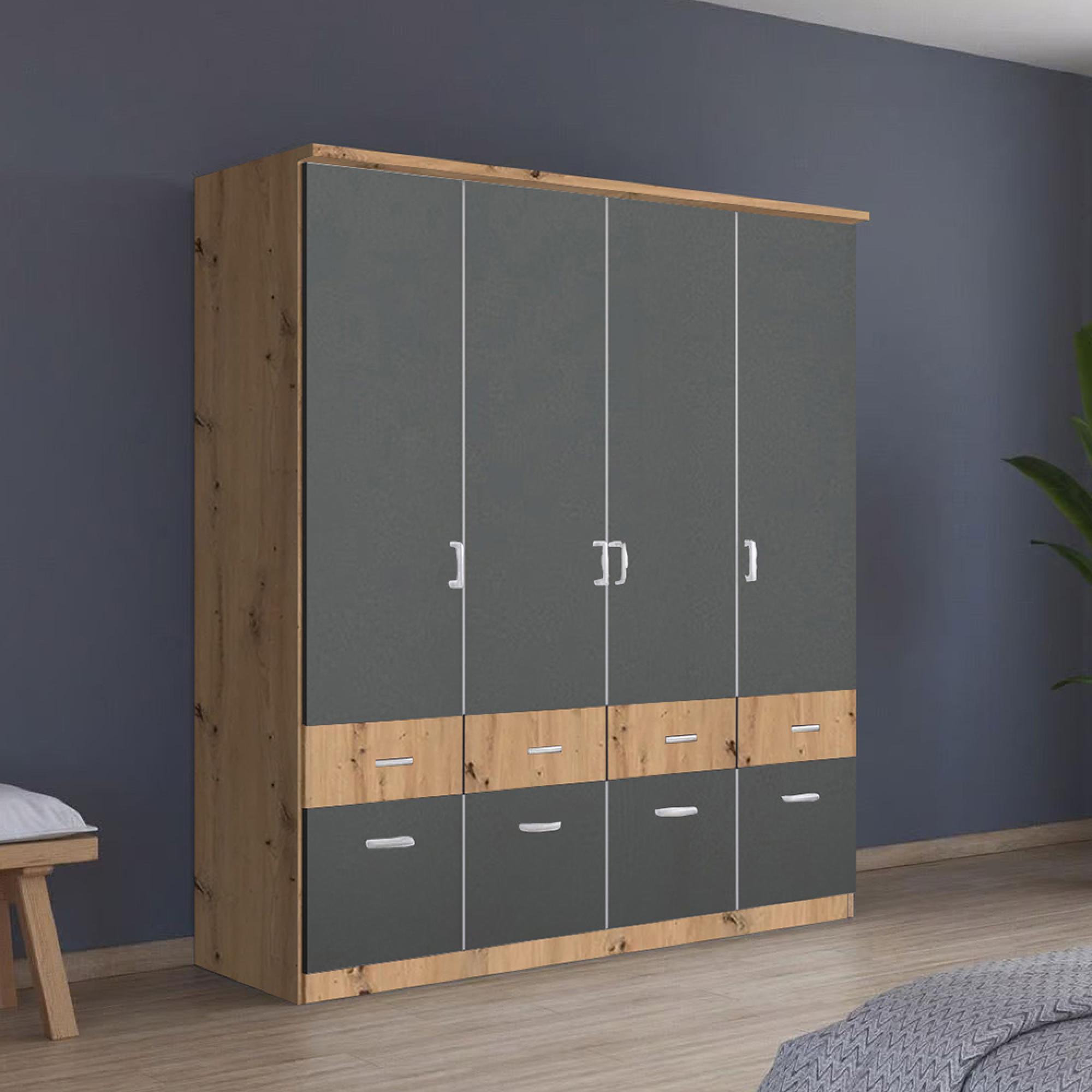 Celle Super Wardrobe - 181cm - 4 Door - with Drawer - Artisan Oak & Metallic Dark Grey