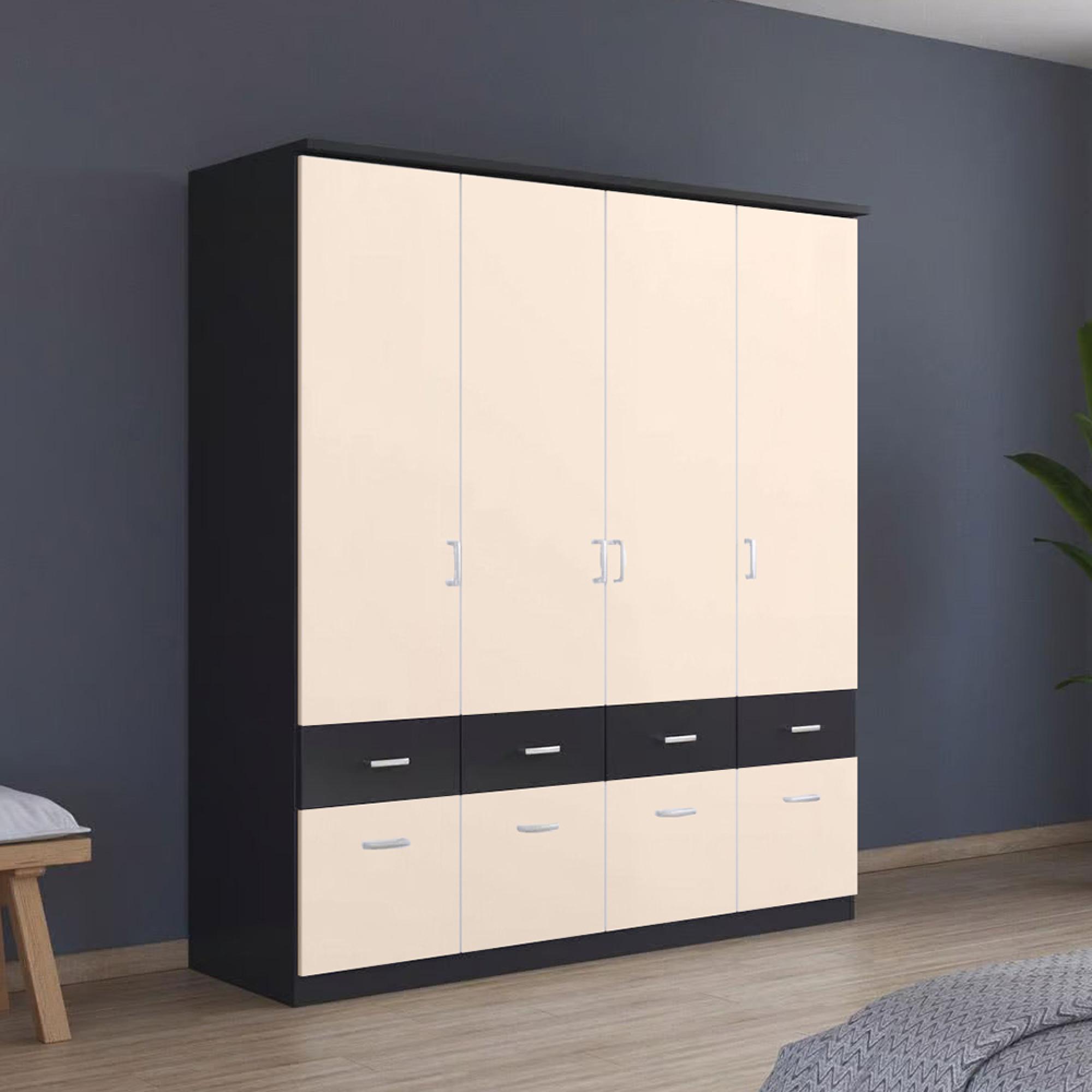 Celle Super Wardrobe - 181cm - 4 Door - with Drawer - Metallic Dark Grey & Champagne