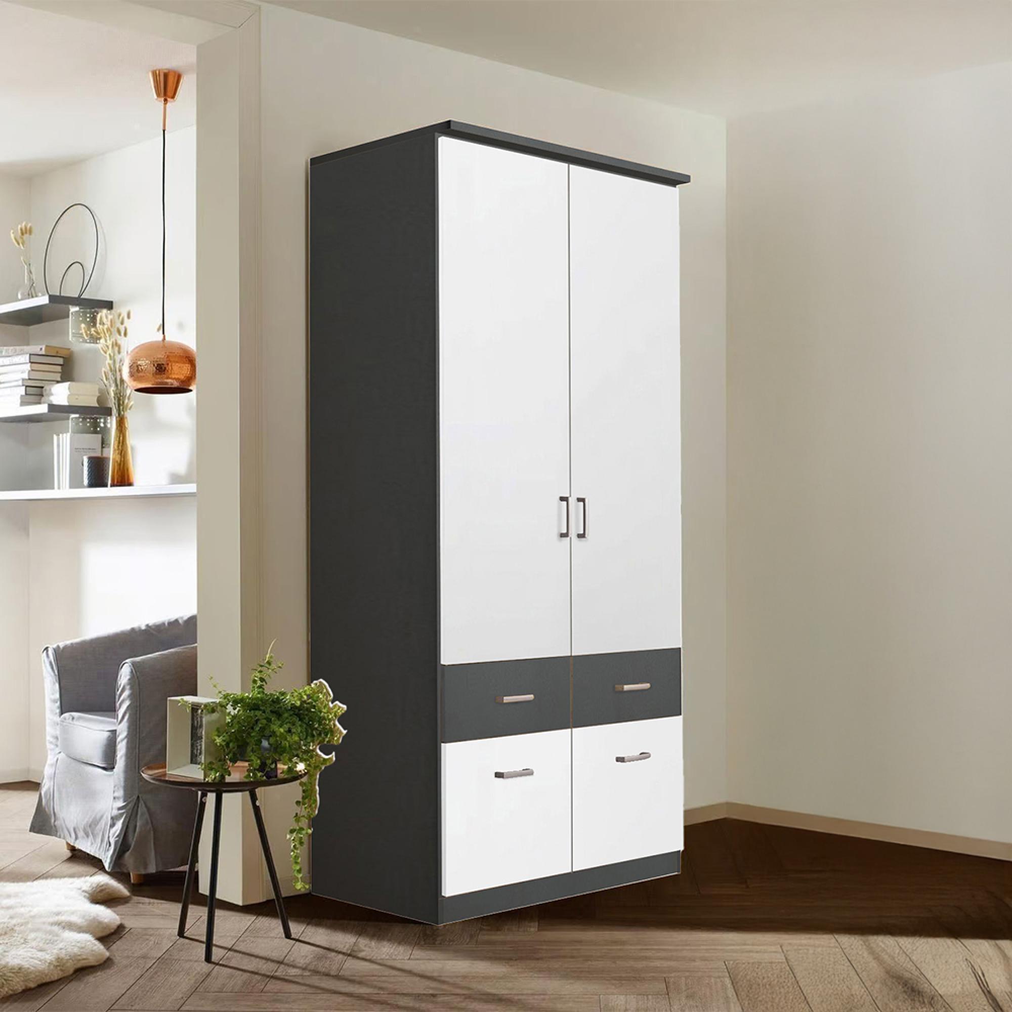 Celle Super Wardrobe - 91cm - 2 Door - 4 Drawer & Extras - Metallic Dark Grey & Alpine White