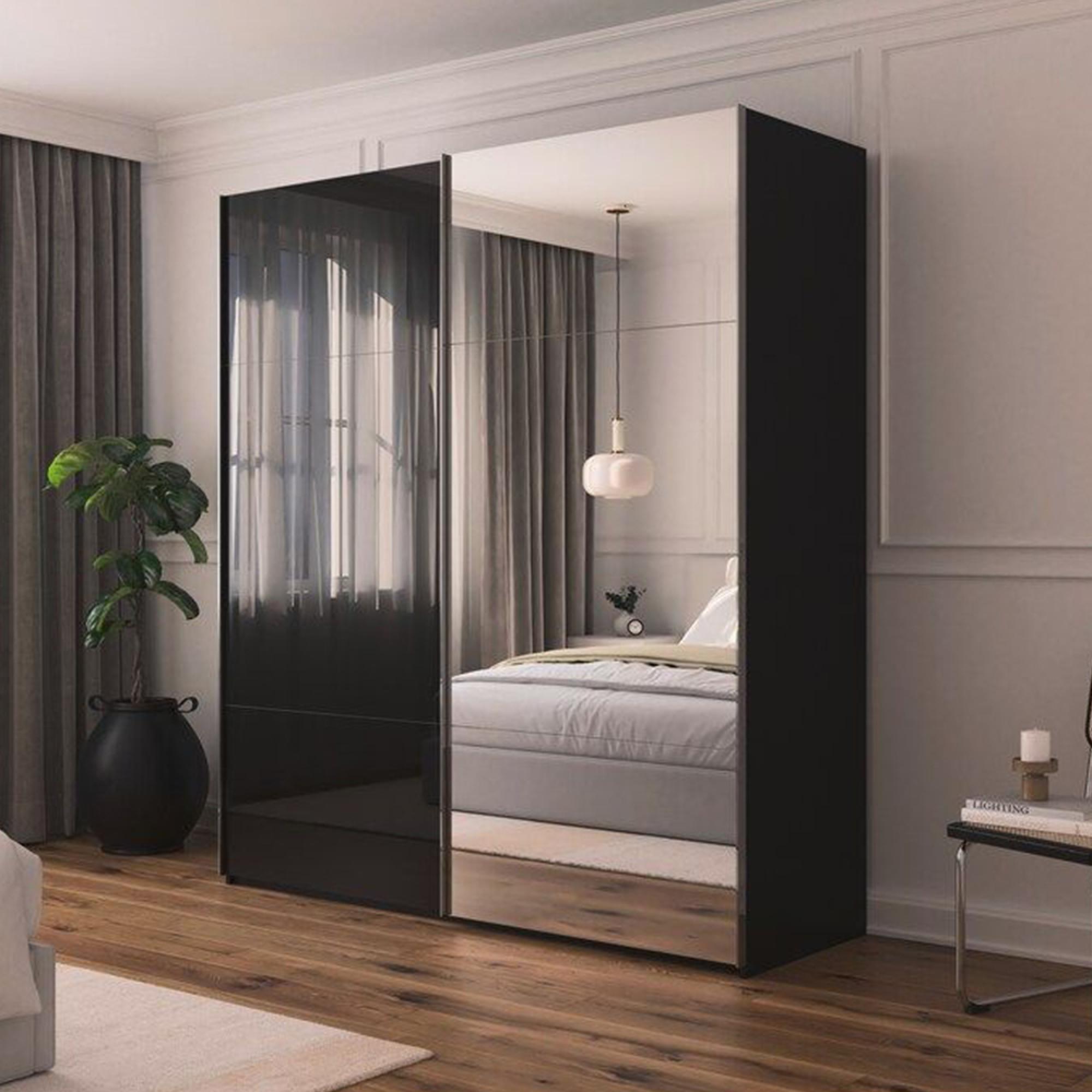 Contido Sliding Mirror Wardrobe - 201cm - 2 Door - with Extras - Black Glass