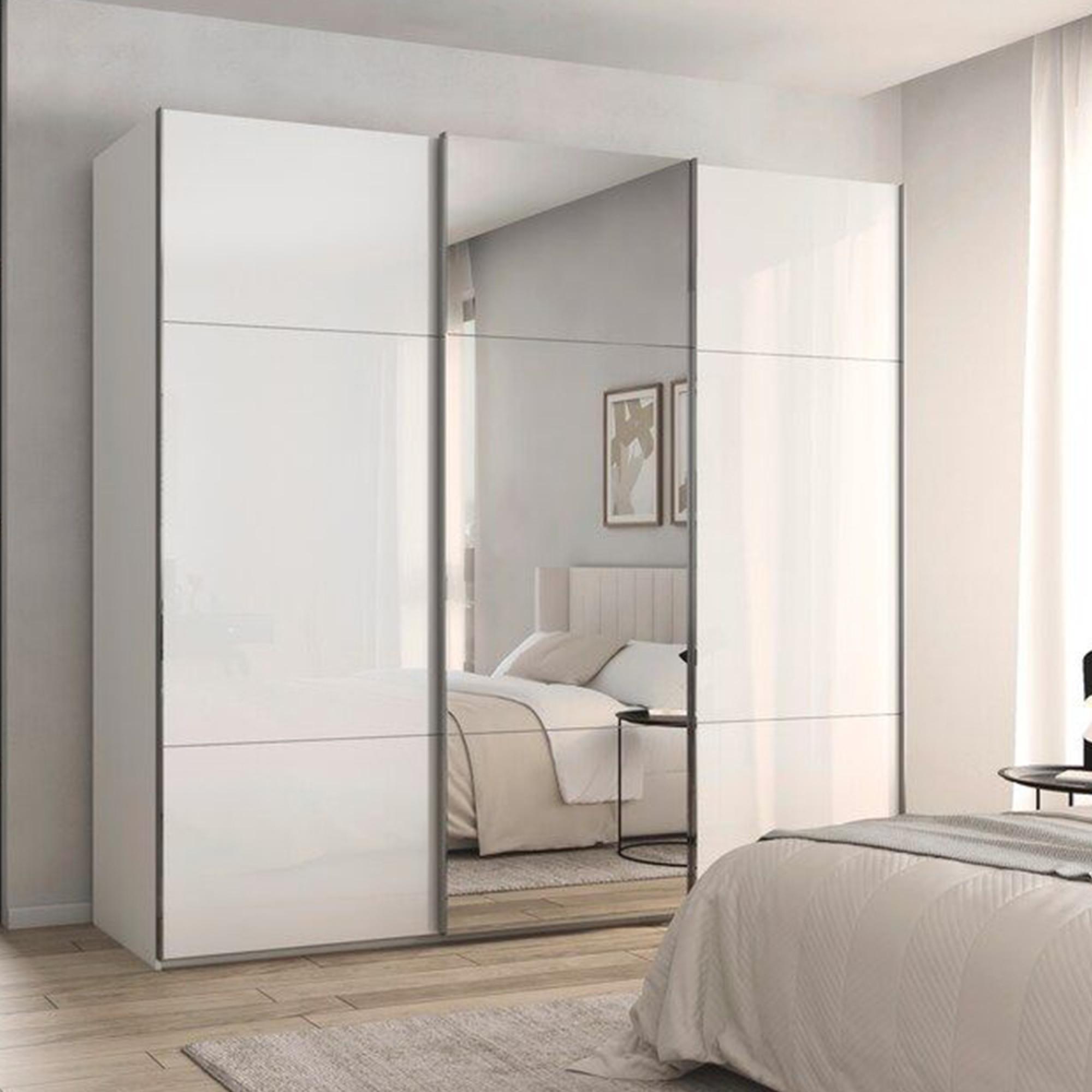Rauch Contido 242cm 3 Door Sliding Mirror Wardrobe with Extras - Crystal White Glass