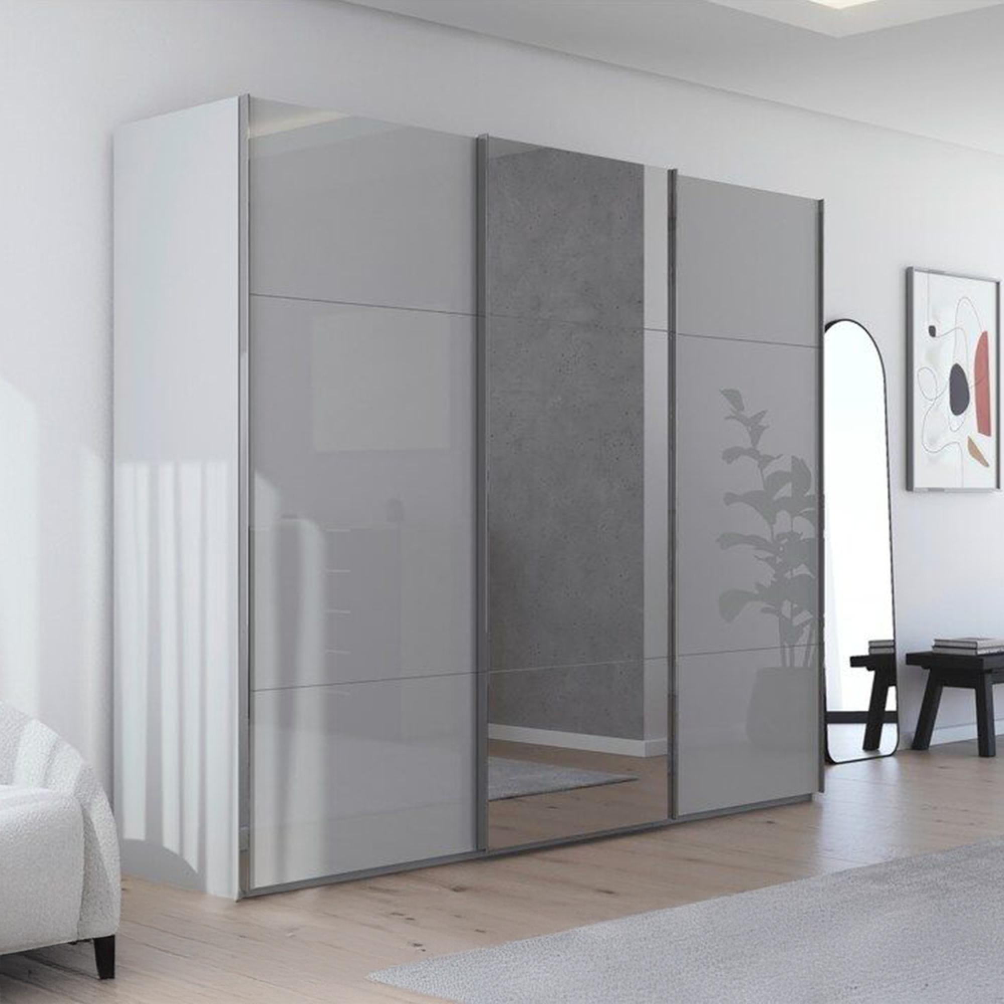 Rauch Contido 271cm 3 Door Sliding Mirror Wardrobe with Extras - Silk Grey Glass