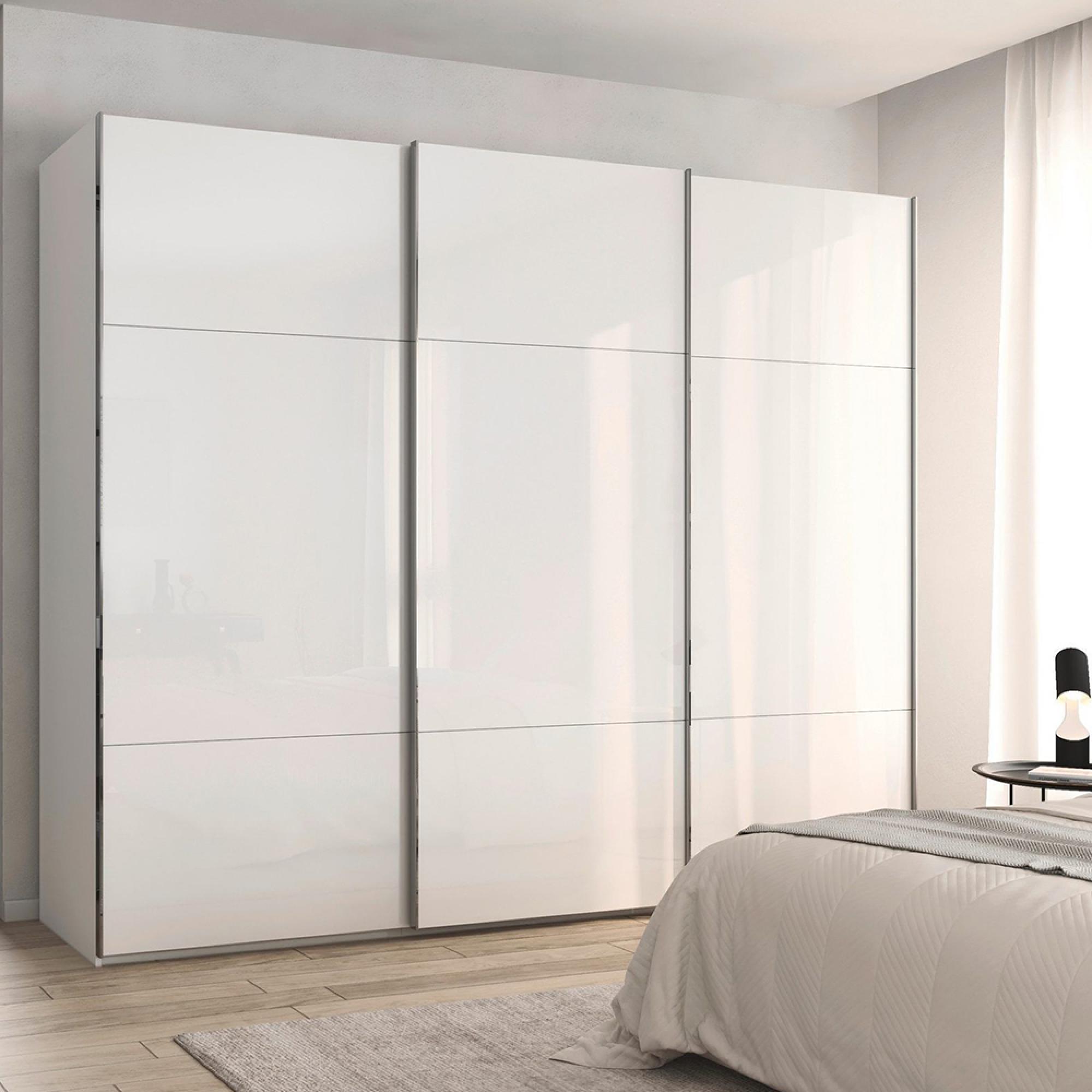 Rauch Contido 271cm 3 Door Sliding Wardrobe with Extras - Crystal White Glass