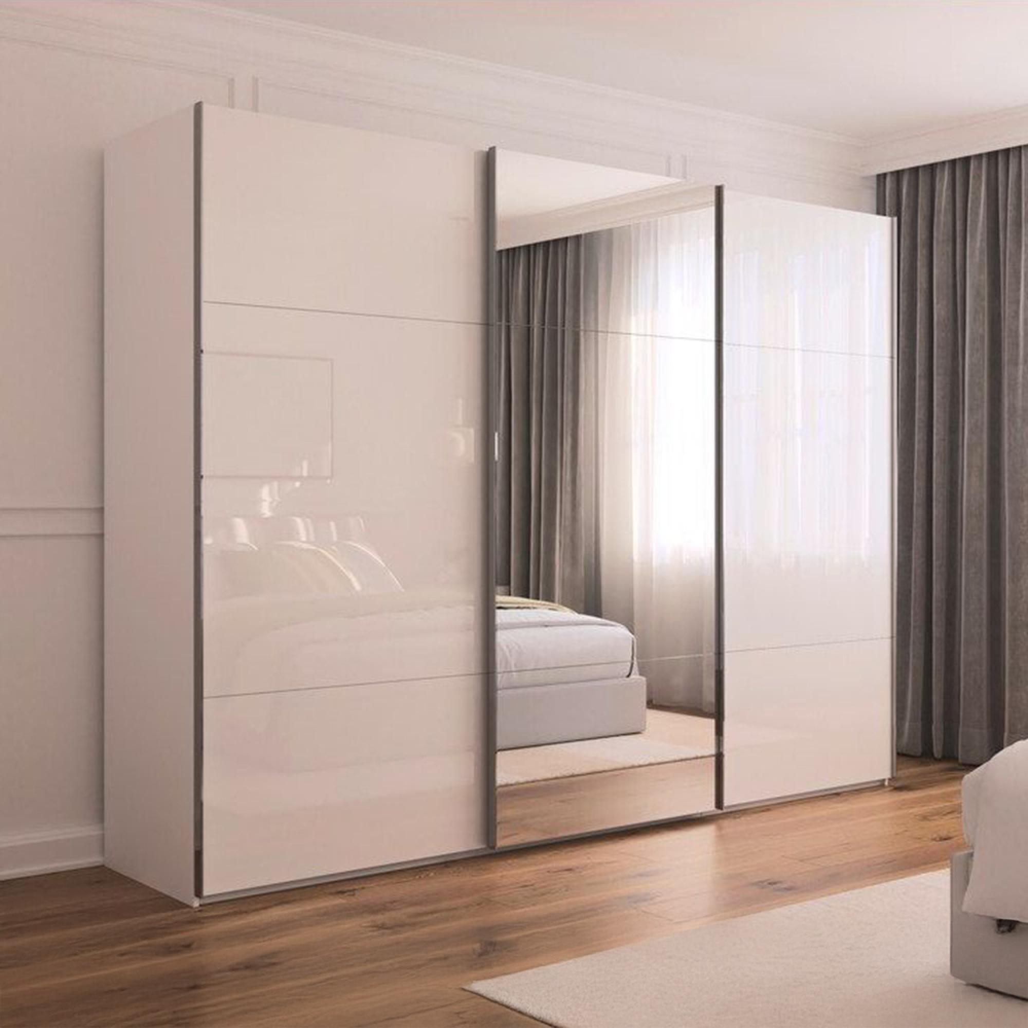 Rauch Contido 301cm 3 Door Sliding Mirror Wardrobe with Extras - Crystal White Glass