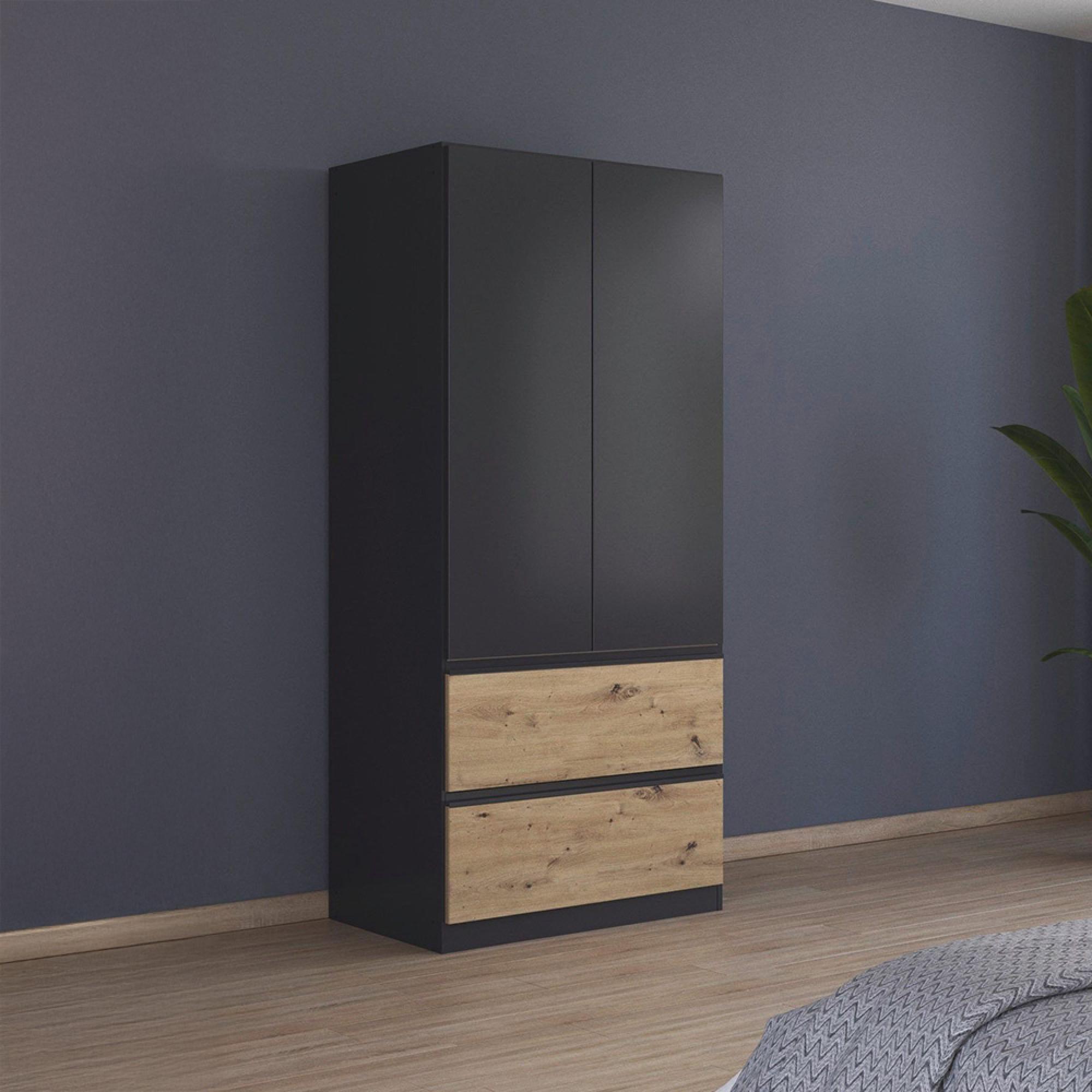 Rauch Costa 91cm 2 Door Wardrobe with Drawers - Metallic Dark Grey and Artisan Oak