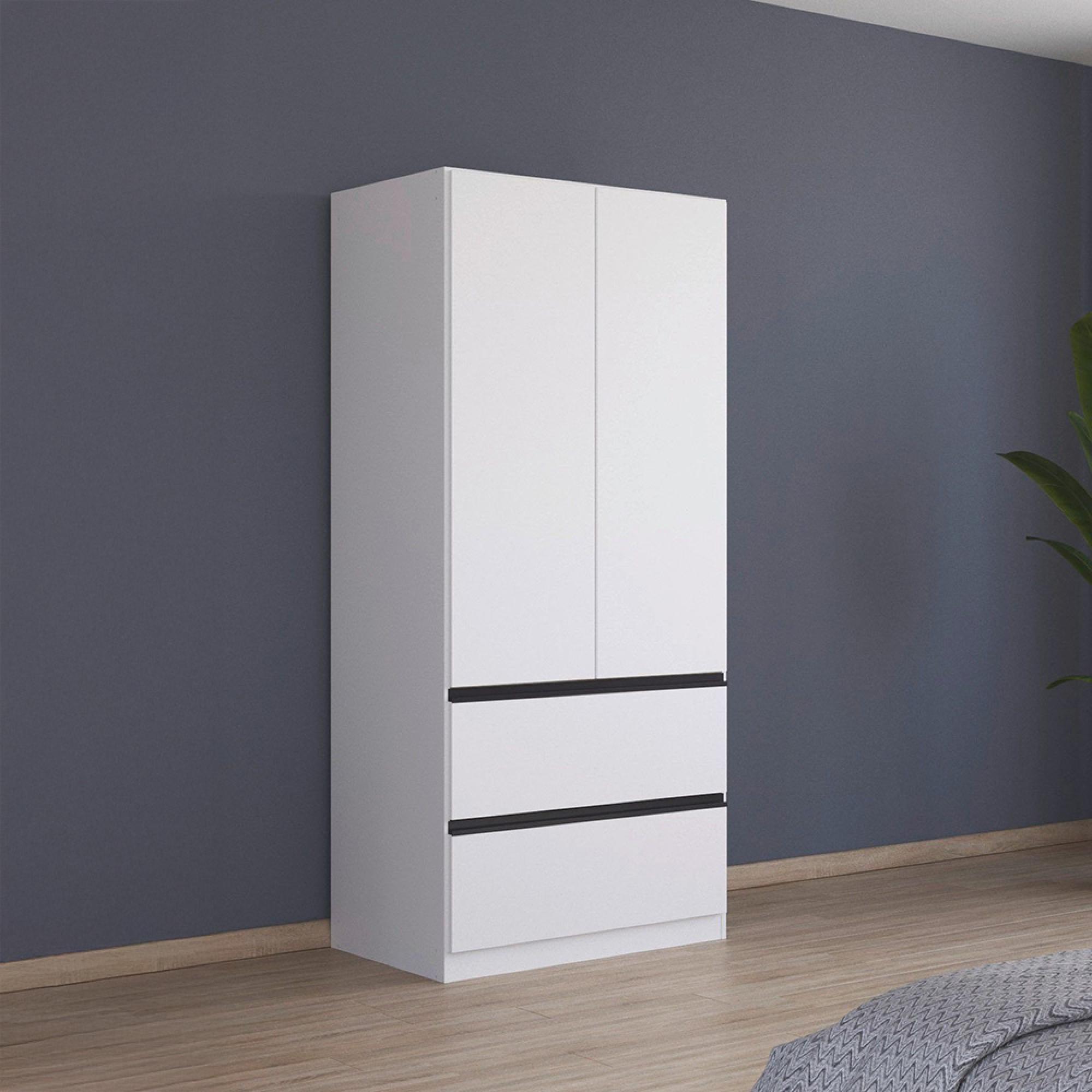 Rauch Costa 91cm 2 Door Wardrobe with Drawers and Metallic Dark Grey Handle - Alpine White