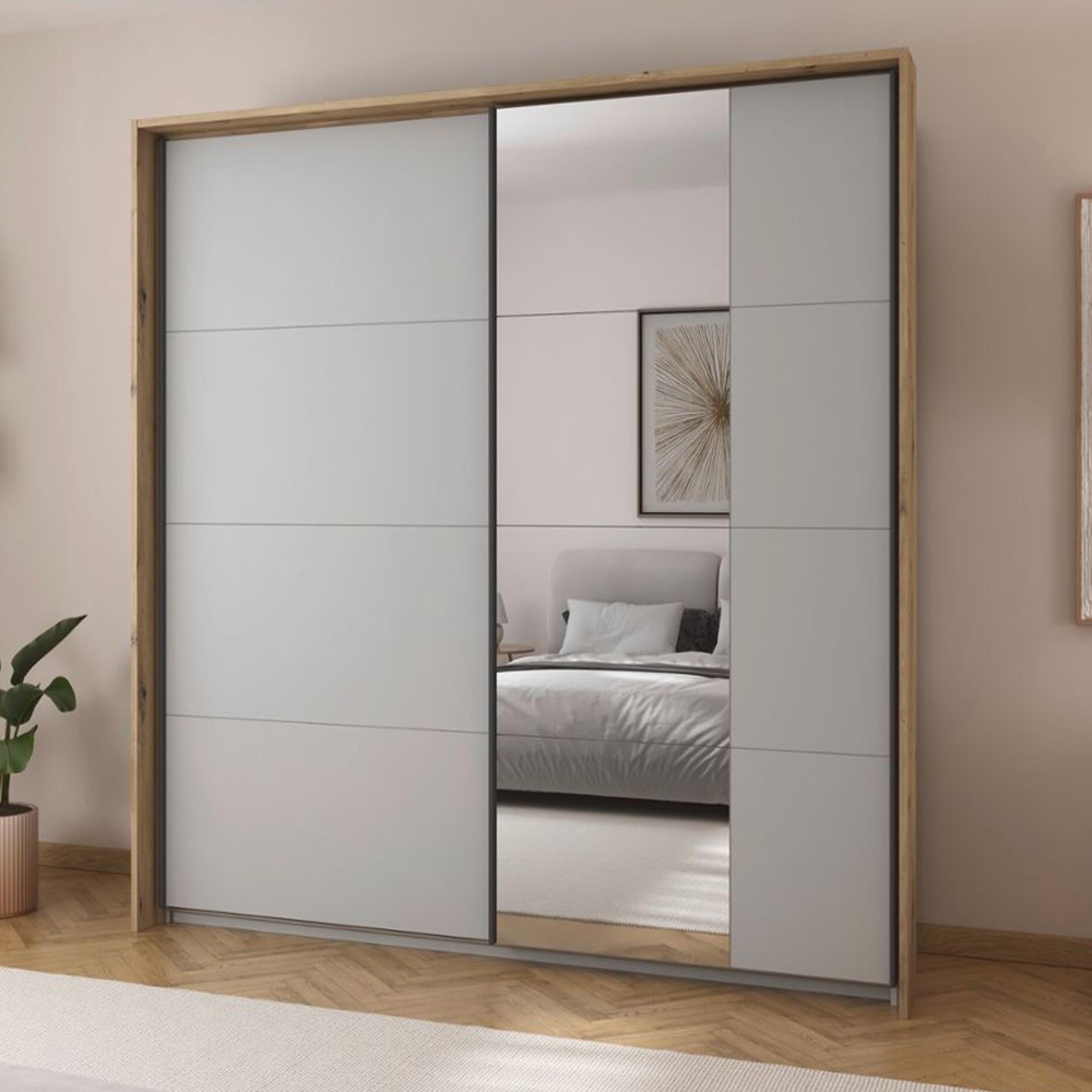 Rauch Credo 181cm 2 Door Sliding Wardrobe with Mirror - Silk Grey and Artisan Oak