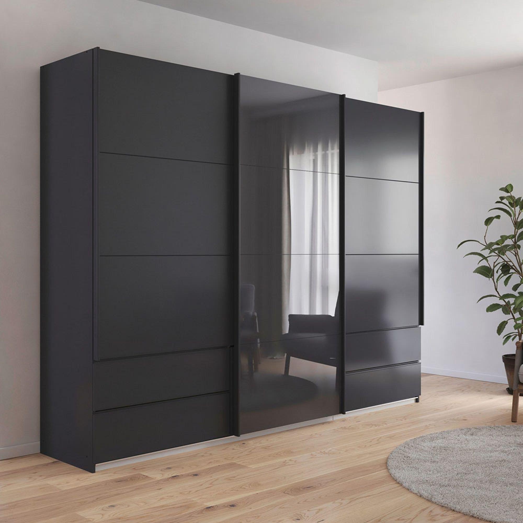 Rauch Elara 271cm 3 Door Combi Sliding Wardrobe - Metallic Dark Grey and Basalt Glass
