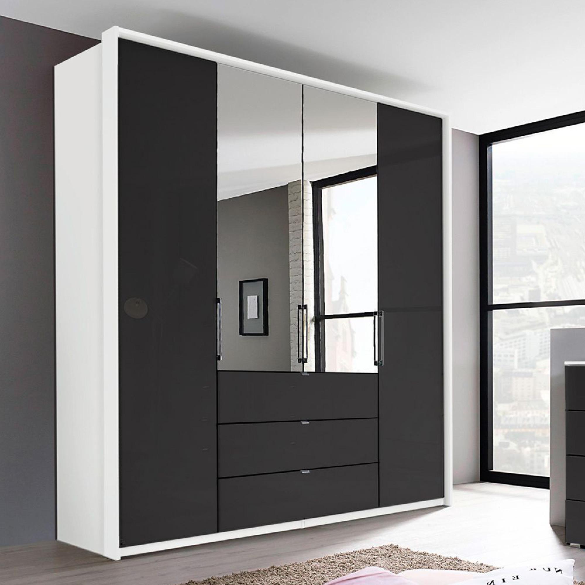 Rauch Erimo 204cm 4 Door Combi Wardrobe with 3 Drawer - Alpine White and Basalt Glass