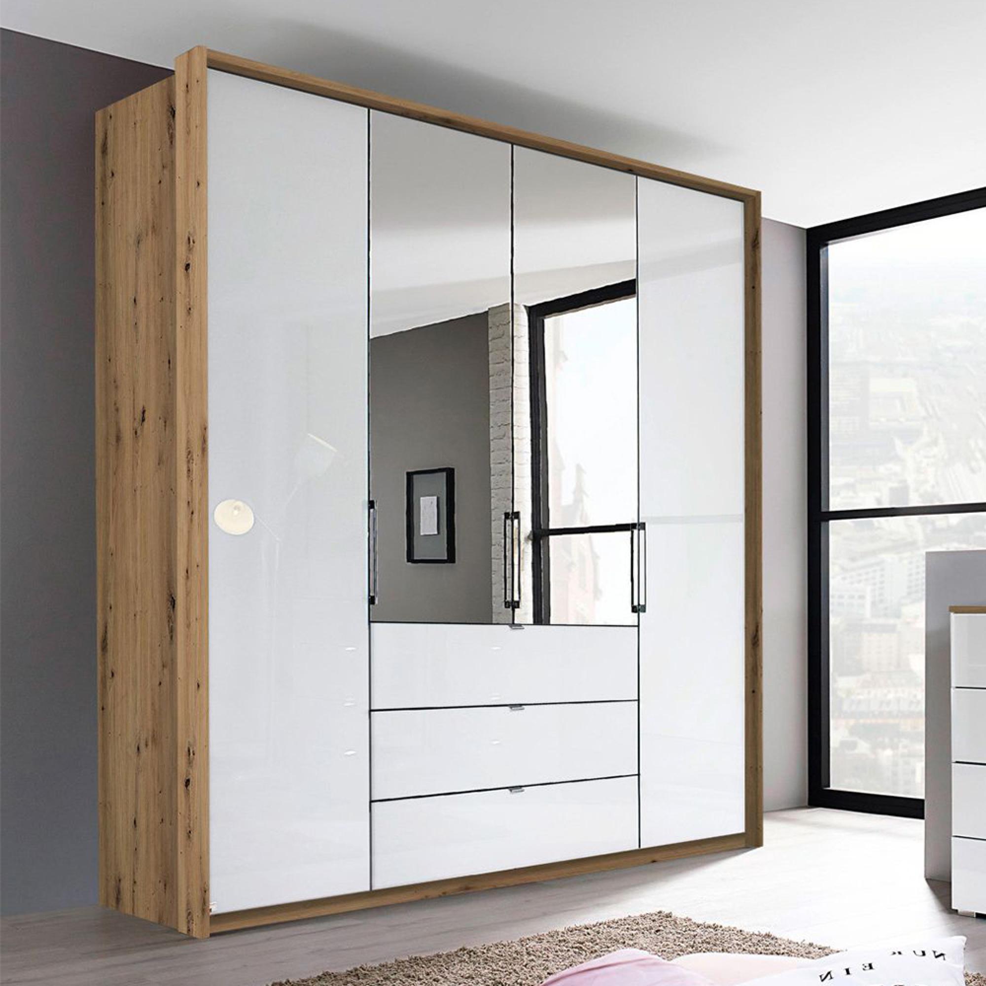 Rauch Erimo 204cm 4 Door Combi Wardrobe with 3 Drawer - Artisan Oak and Crystal White Glass