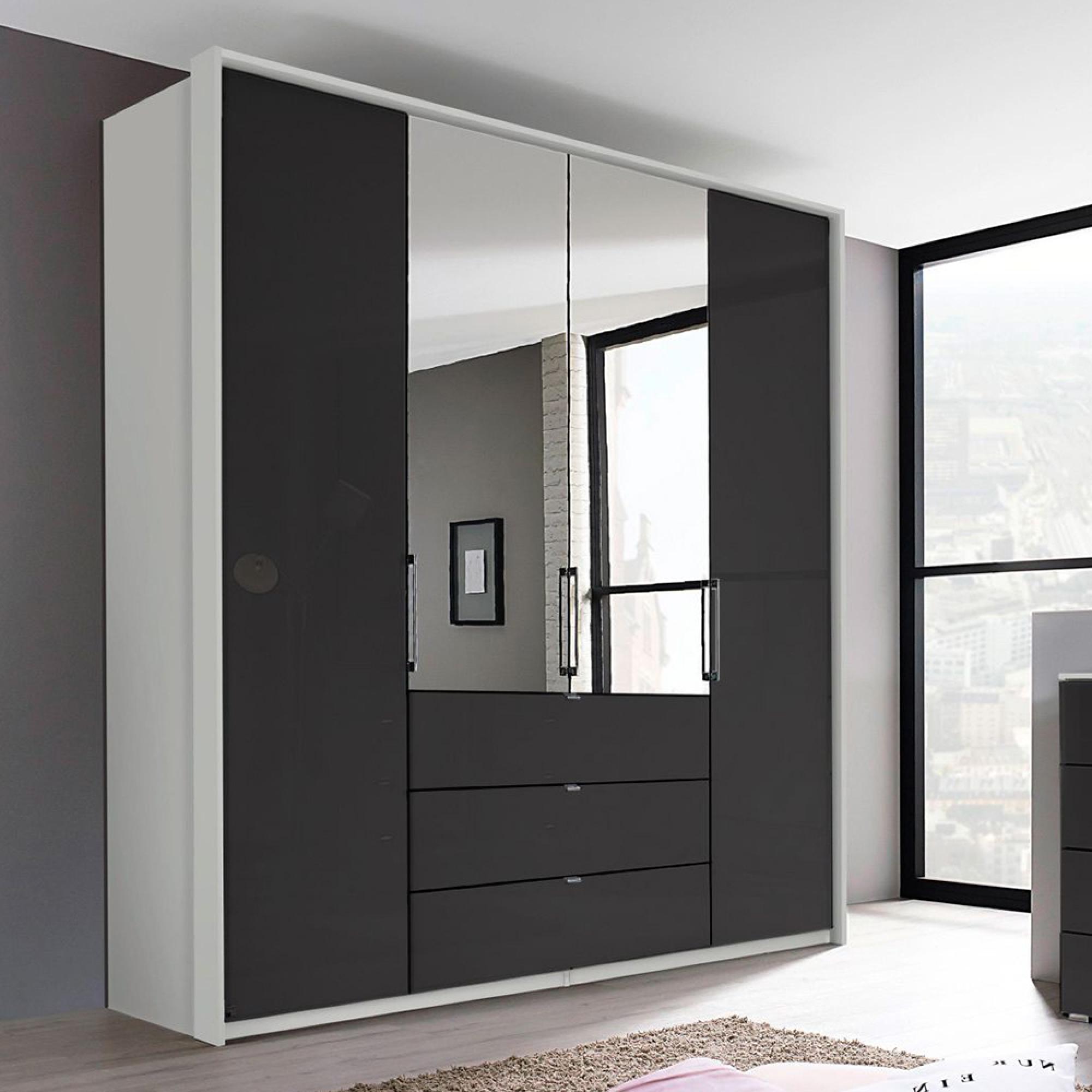 Rauch Erimo 204cm 4 Door Combi Wardrobe with 3 Drawer - Silk Grey and Basalt Glass