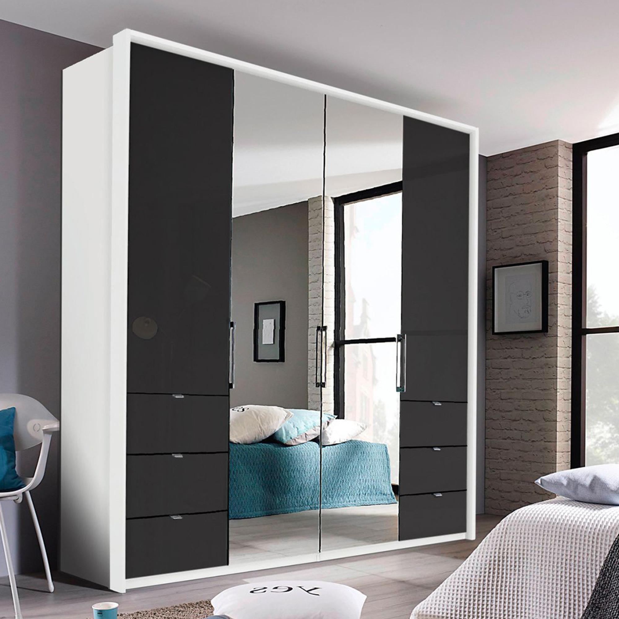 Erimo Wardrobe - 204cm - 4 Door - 6 Drawer - Combi - Alpine White & Basalt Glass