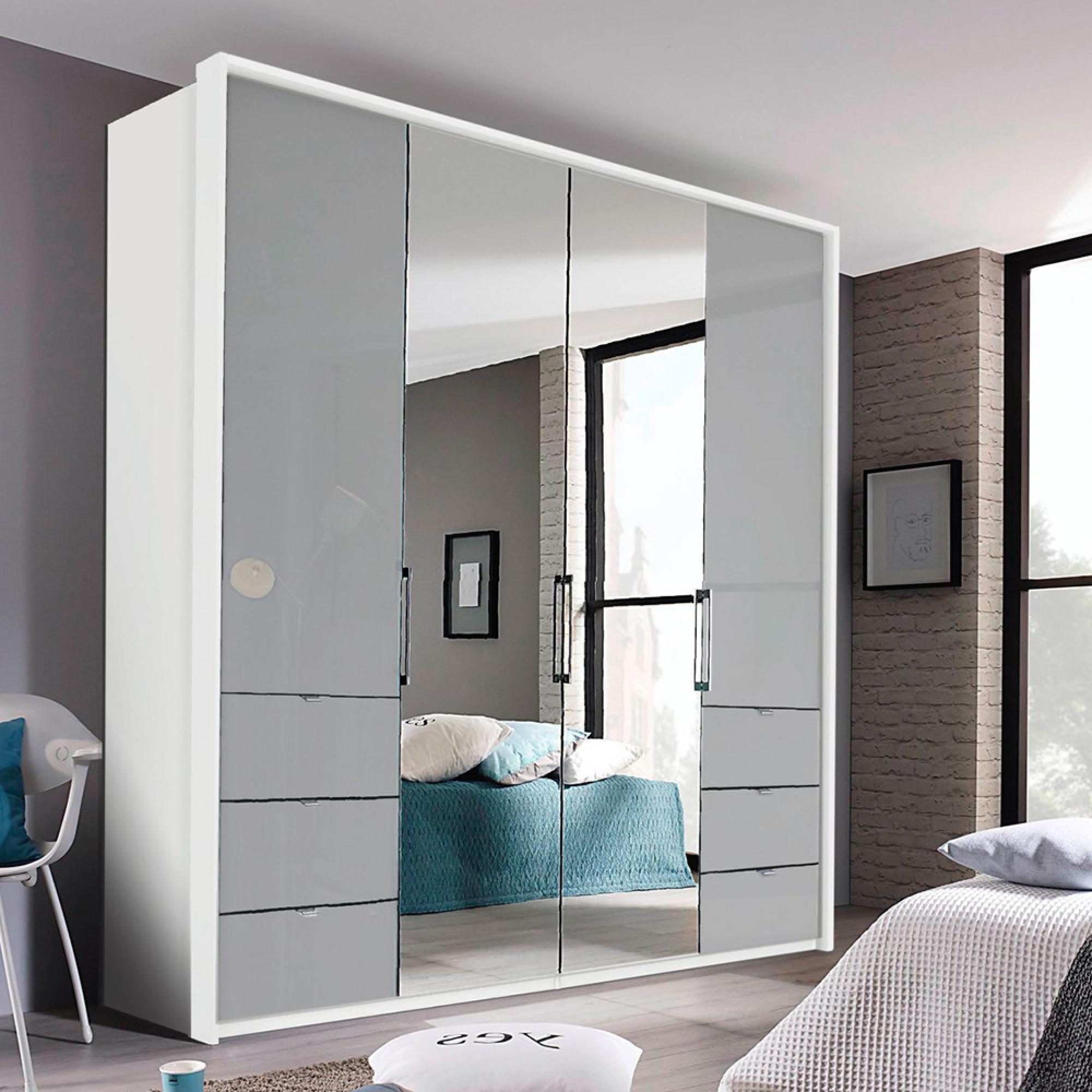 Erimo Wardrobe - 204cm - 4 Door - 6 Drawer - Combi - Alpine White & Silk Grey Glass