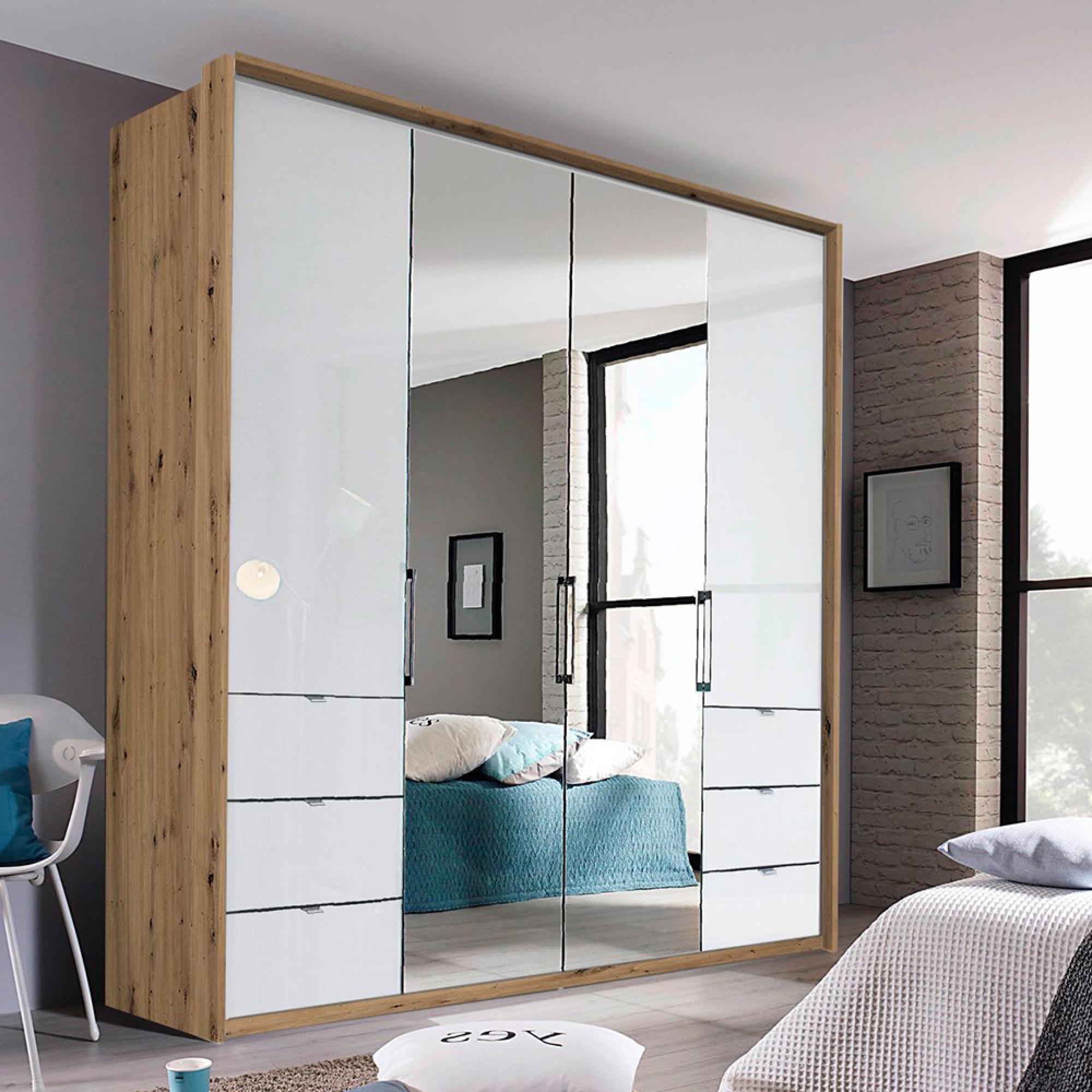 Erimo Wardrobe - 204cm - 4 Door - 6 Drawer - Combi - Artisan Oak & Crystal White Glass