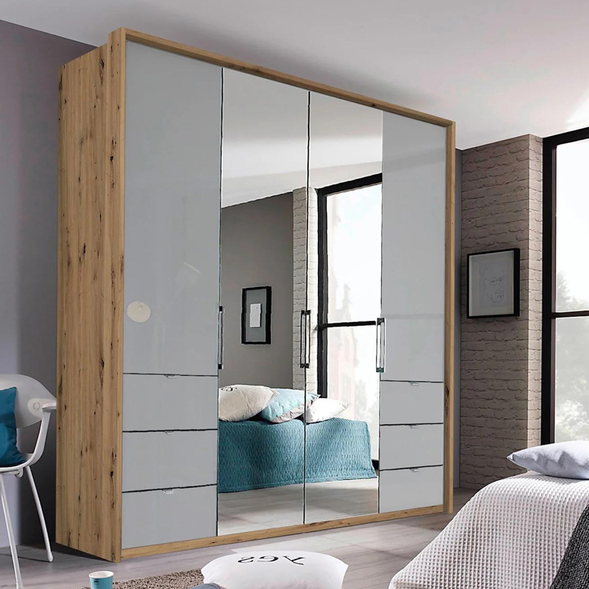 Erimo Wardrobe - 204cm - 4 Door - 6 Drawer - Combi - Artisan Oak & Silk Grey Glass
