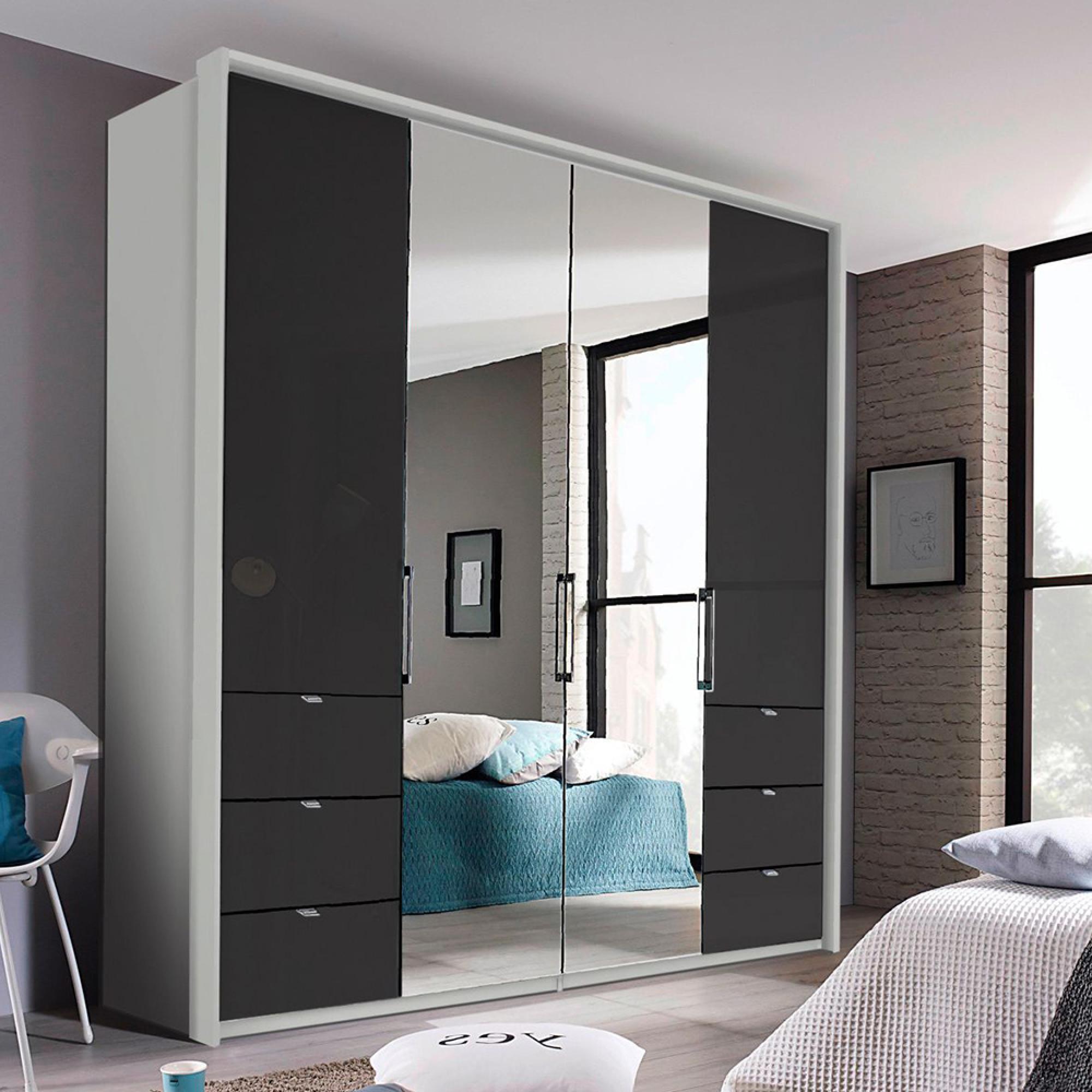Erimo Wardrobe - 204cm - 4 Door - 6 Drawer - Combi - Silk Grey & Basalt Glass