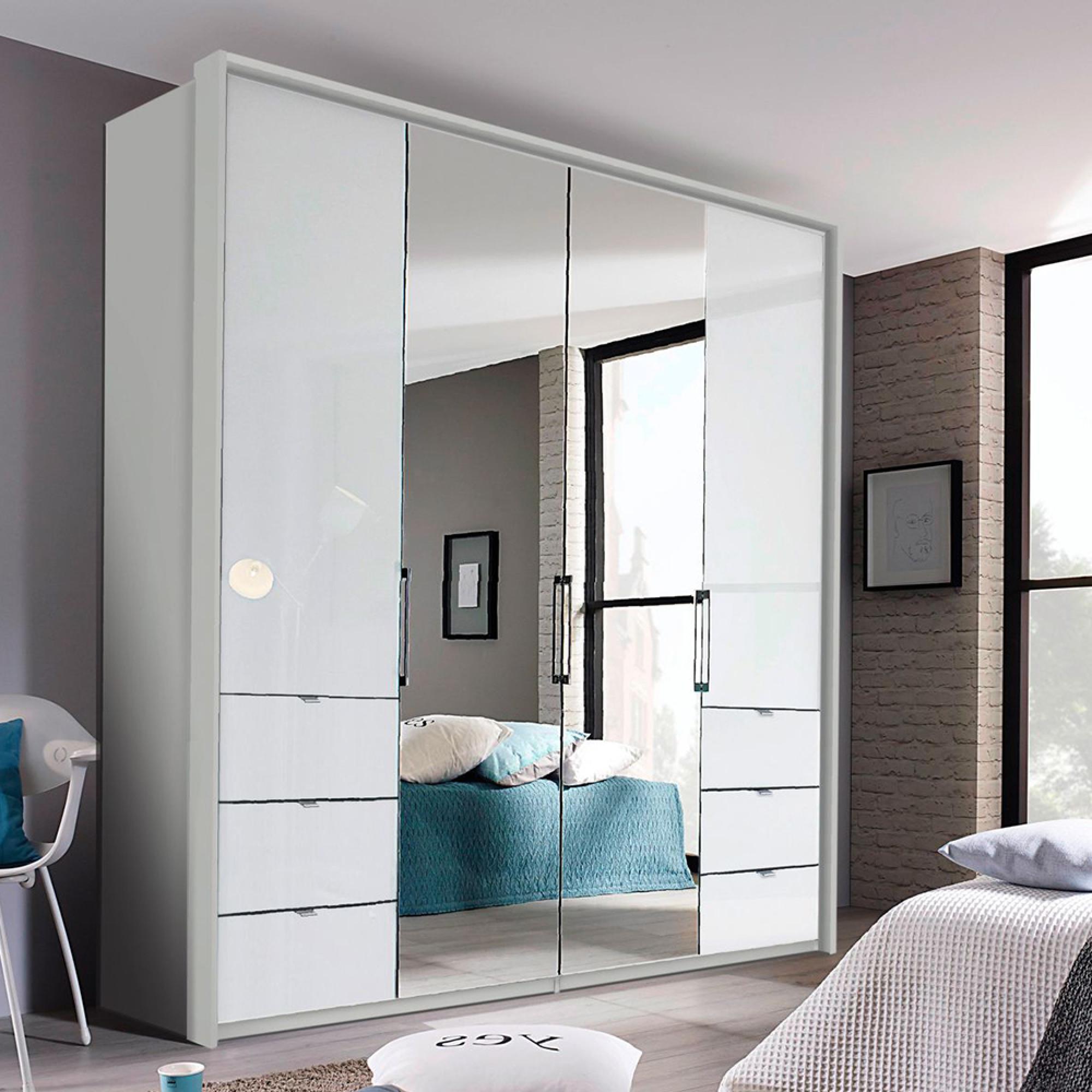 Erimo Wardrobe - 204cm - 4 Door - 6 Drawer - Combi - Silk Grey & Crystal White Glass