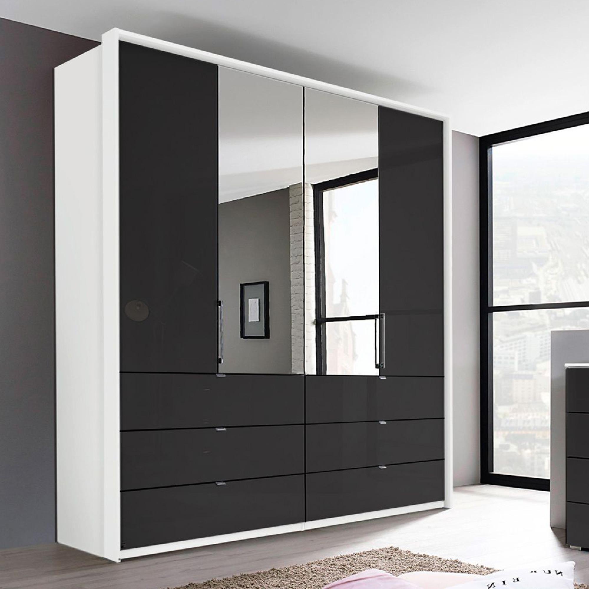 Erimo Wardrobe - 204cm - 4 Door - with Drawer - Combi - Alpine White & Basalt Glass