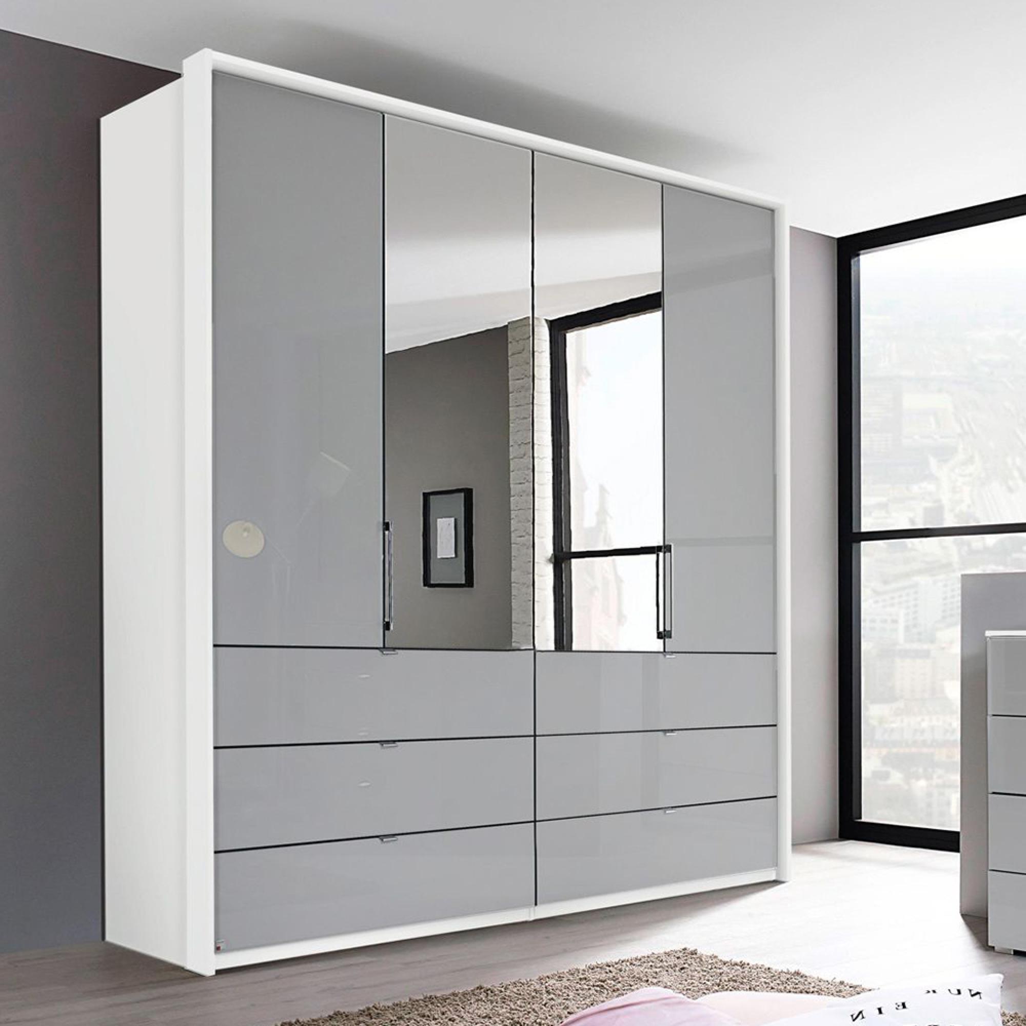 Erimo Wardrobe - 204cm - 4 Door - with Drawer - Combi - Alpine White & Silk Grey Glass