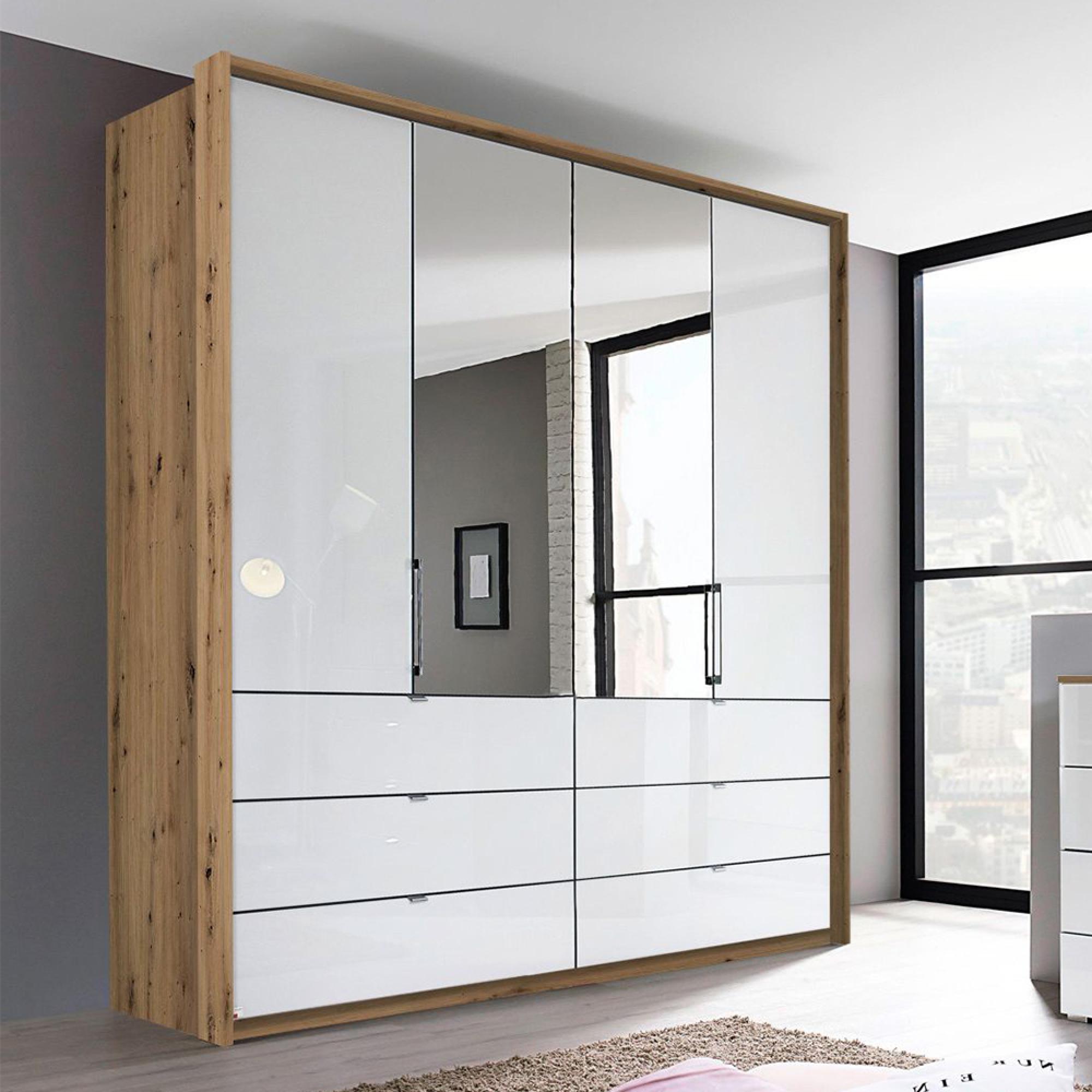 Erimo Wardrobe - 204cm - 4 Door - 6 Drawer - Combi - Artisan Oak 6 Crystal White Glass